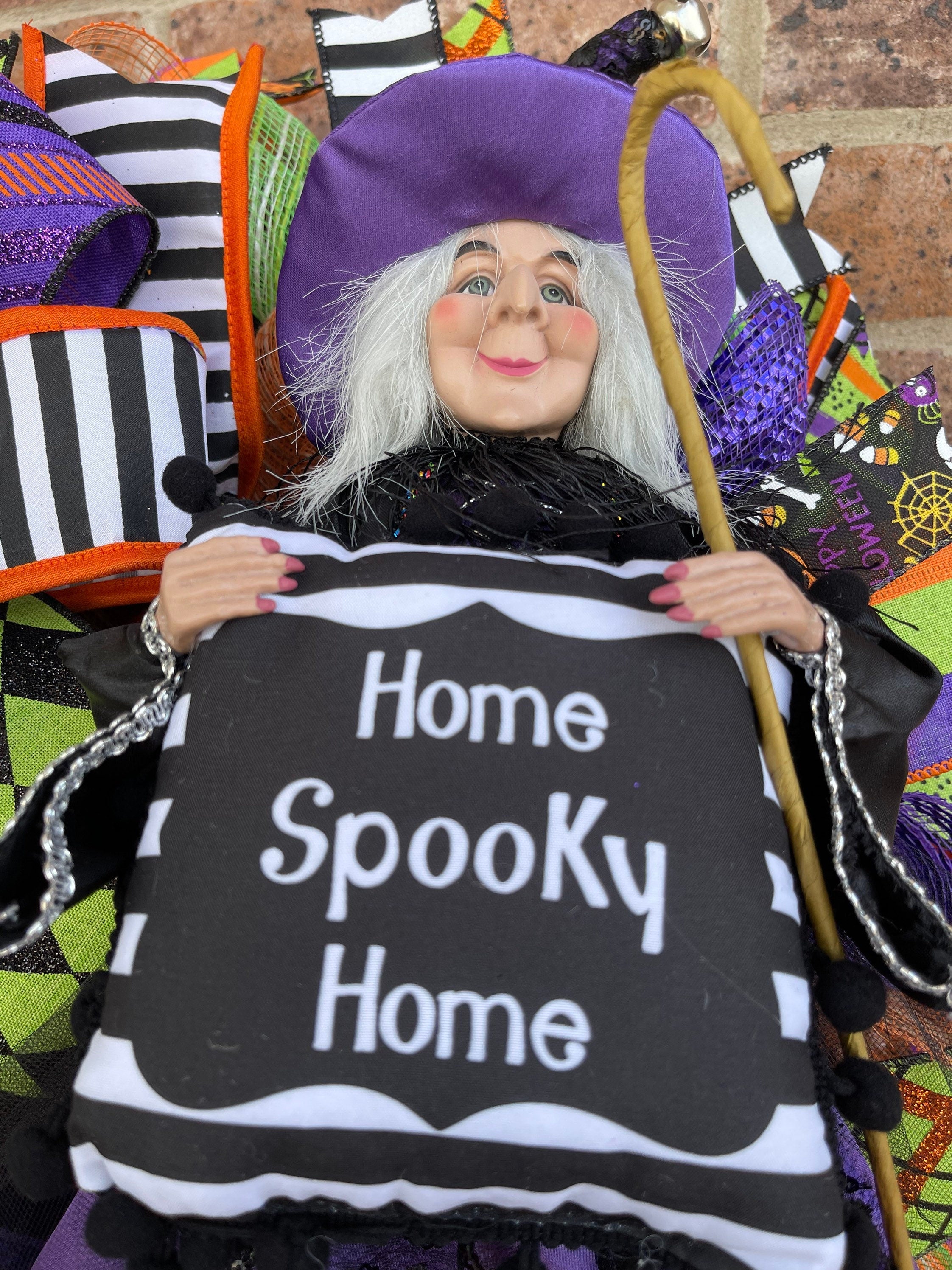 Halloween Witch Wreath Dressed in Purple for front door, Wreath With Purple Witch for Porch Decorations