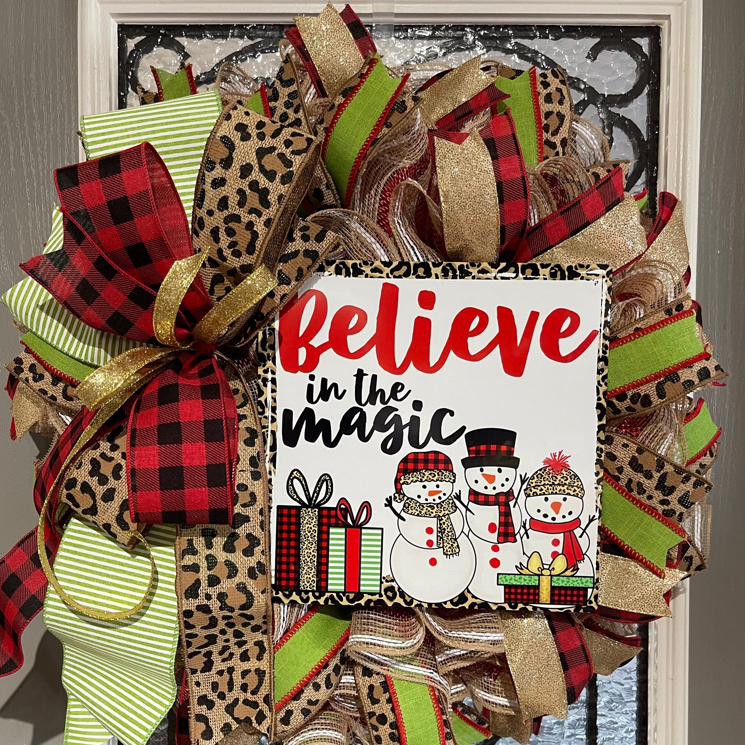 Christmas Wreath for your door, Snowman Believe In The Magic Christmas decor, Cheetah and Buffalo plaid holiday decorations