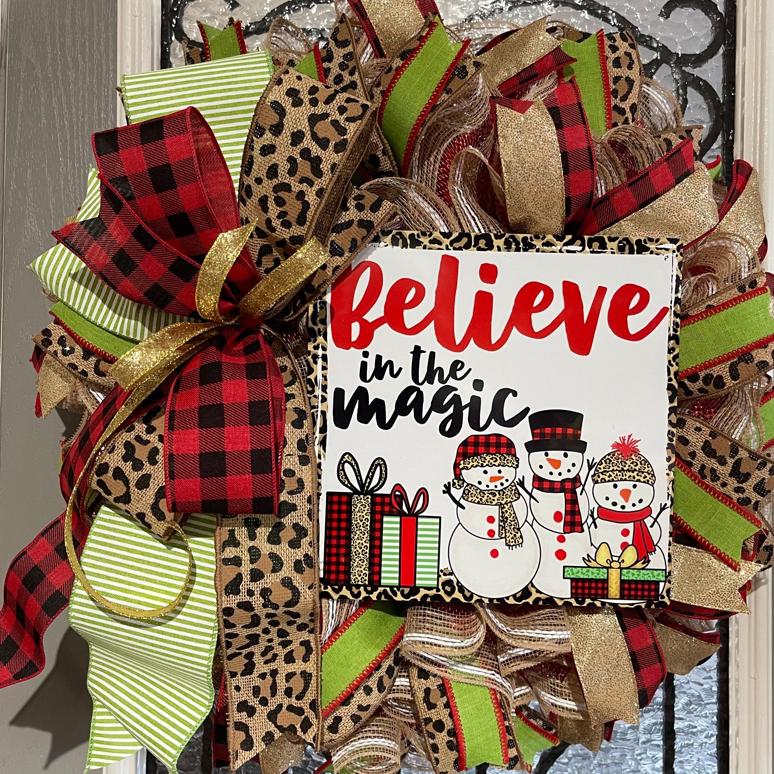 Christmas Wreath for your door, Snowman Believe In The Magic Christmas decor, Cheetah and Buffalo plaid holiday decorations