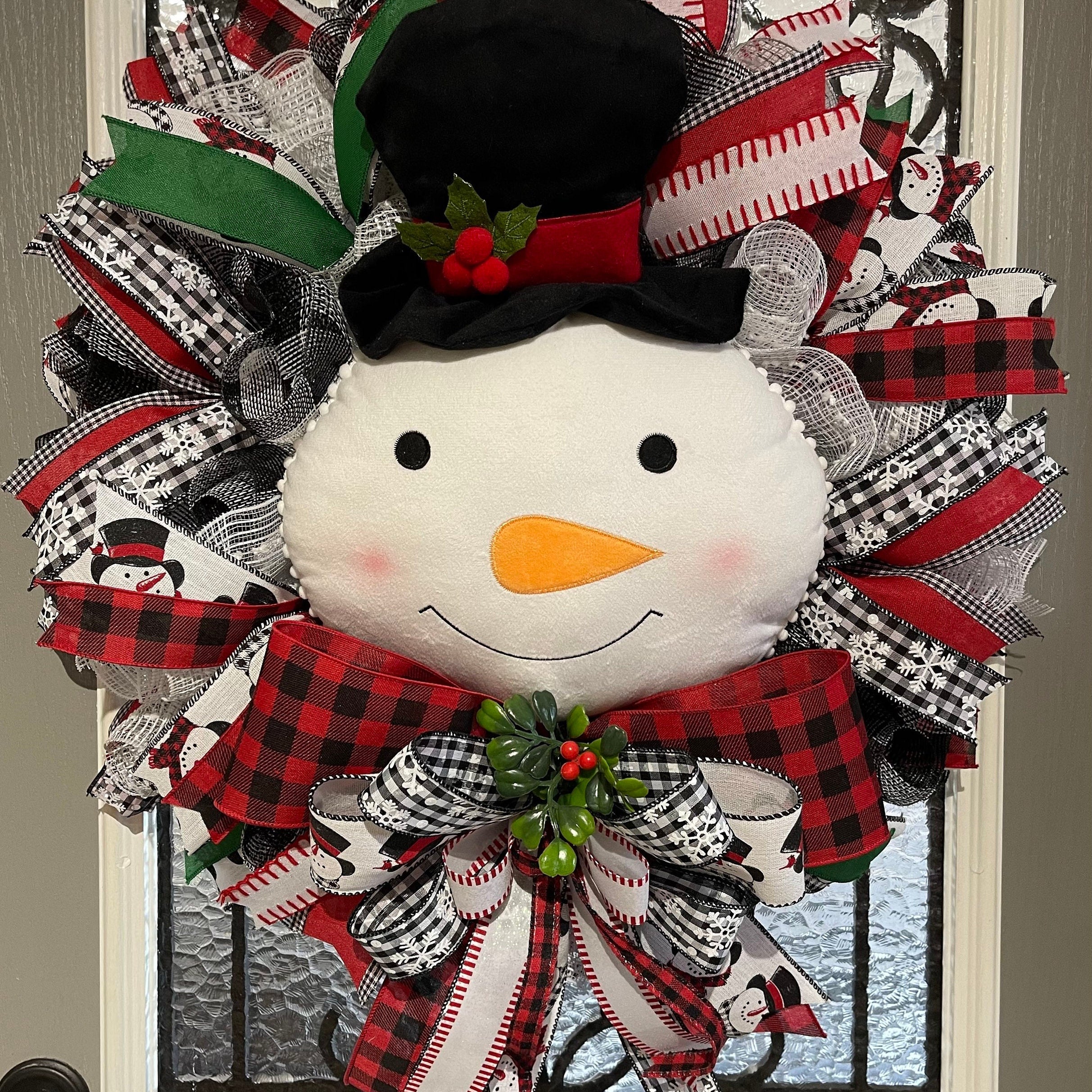 Snowman Christmas Wreath for your door, Traditional red and black Buffalo check Christmas decor, Farmhouse Christmas wreath