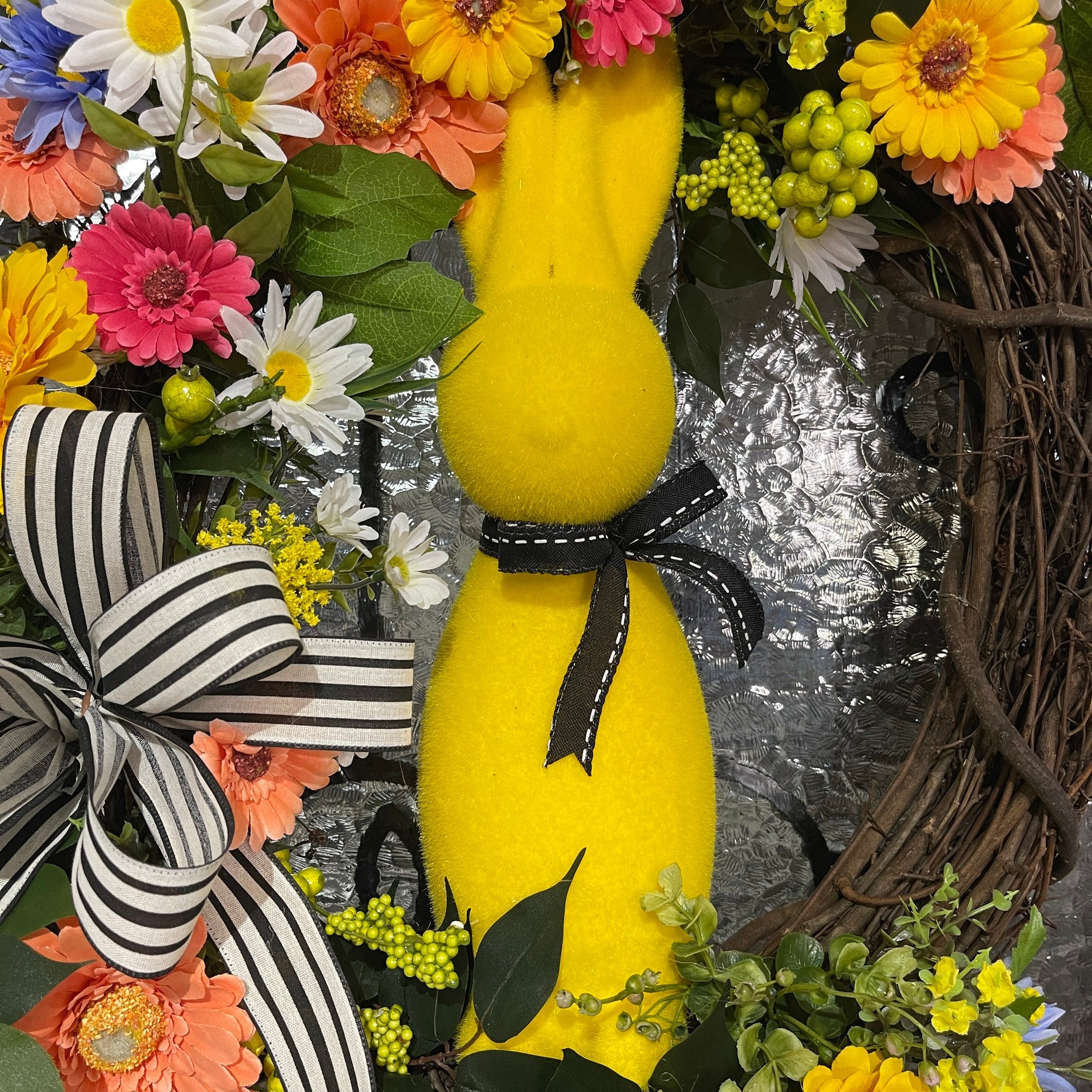 Spring Grapevine Wreath, Easter Décor, Yellow Floral Flocked Bunny Grapevine, Spring Décor, Mantel Decorations