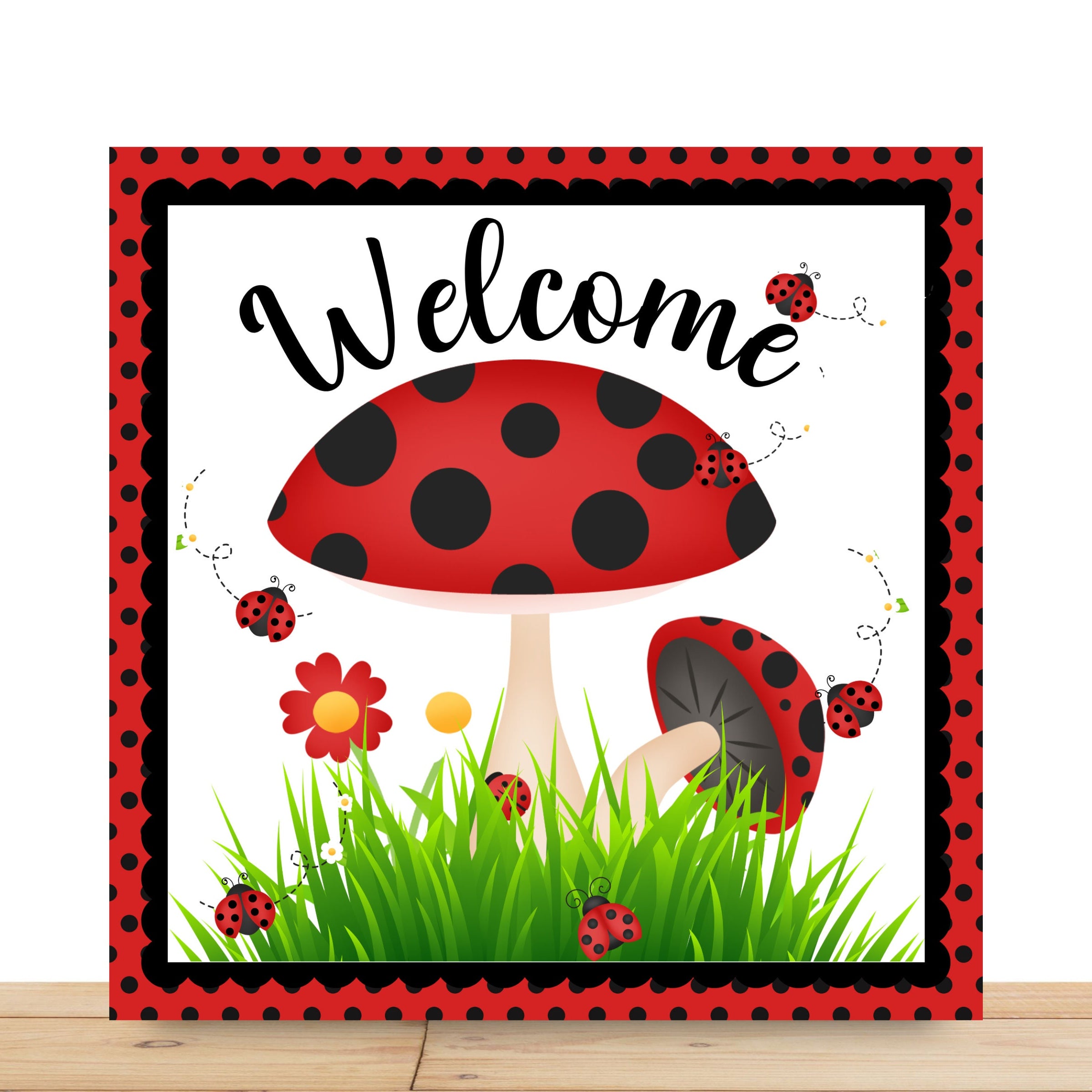 Ladybug Wreath Sign, Welcome Ladybug Square Metal Sign, Sign For Wreath, Desert Wreath Signs