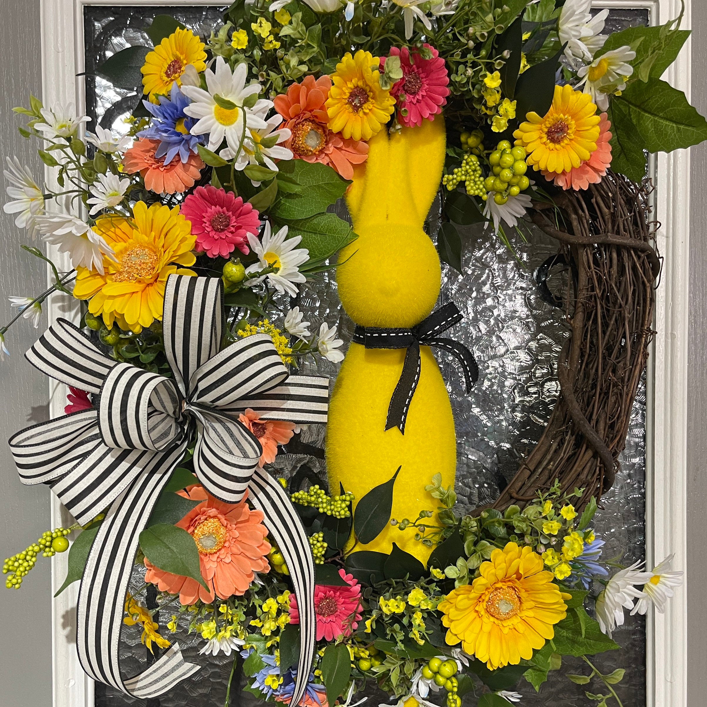 Spring Grapevine Wreath, Easter Décor, Yellow Floral Flocked Bunny Grapevine, Spring Décor, Mantel Decorations