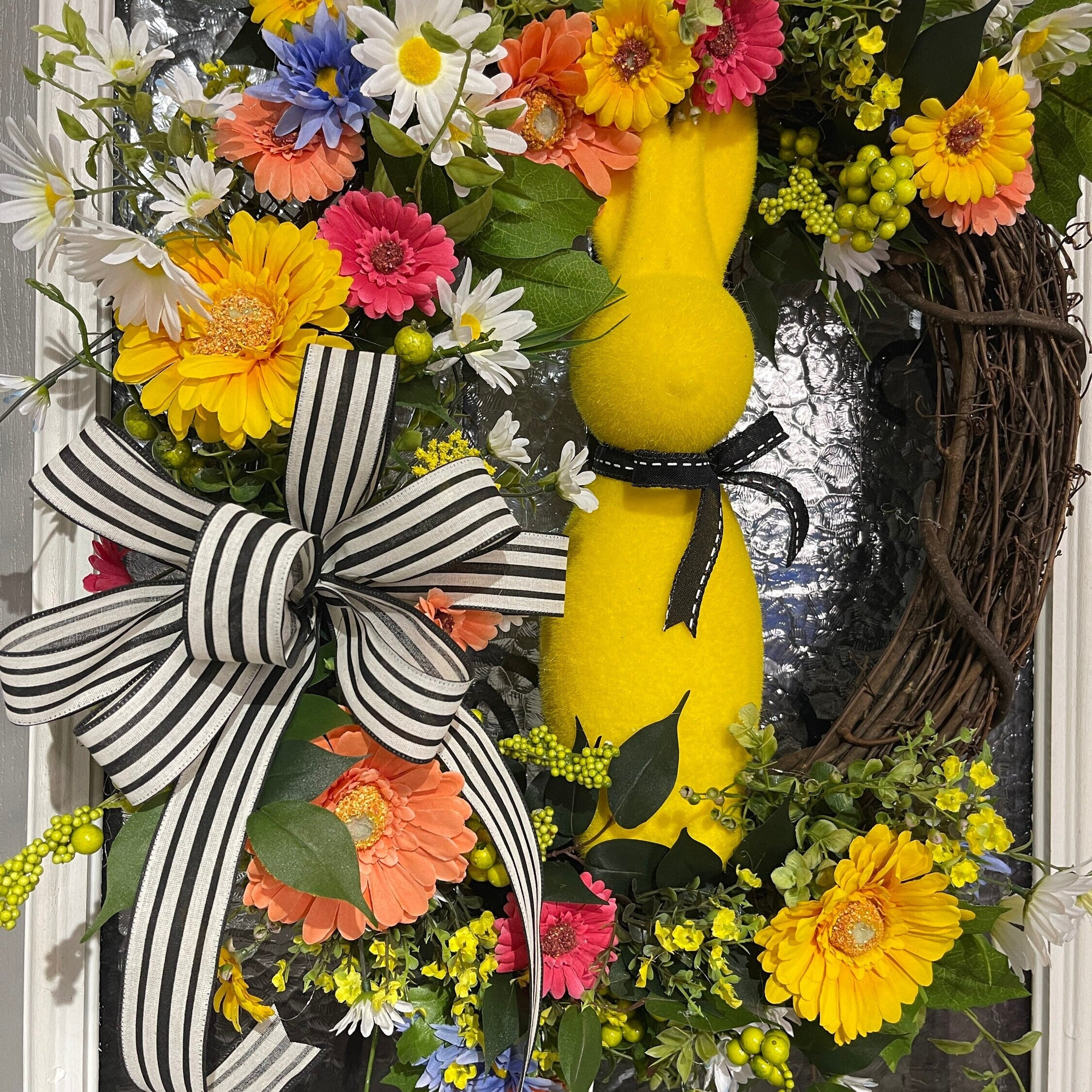 Spring Grapevine Wreath, Easter Décor, Yellow Floral Flocked Bunny Grapevine, Spring Décor, Mantel Decorations