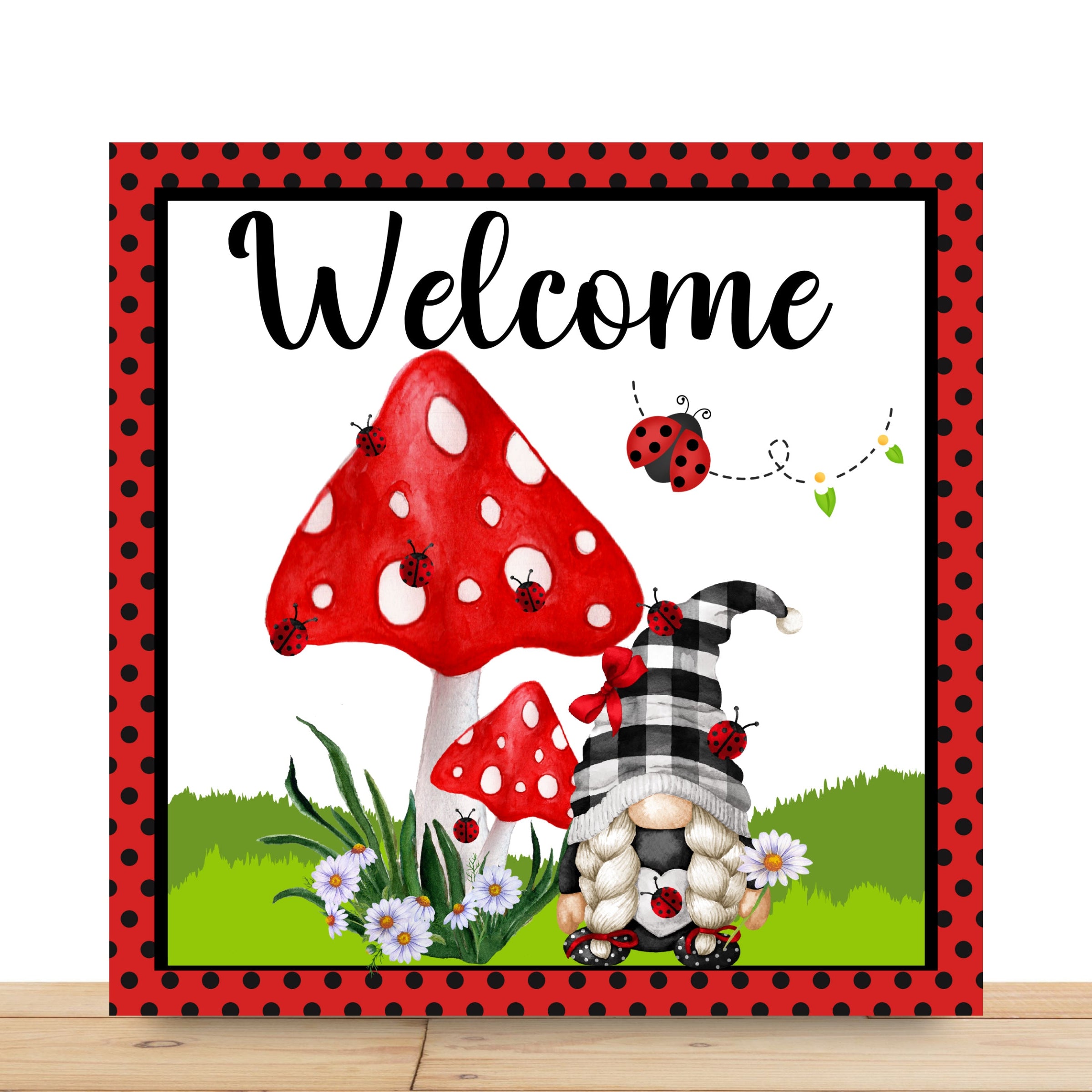 Ladybug Gnome Wreath Sign, Welcome Gnome Ladybug Square Metal Sign, Sign For Wreath, Desert Wreath Signs