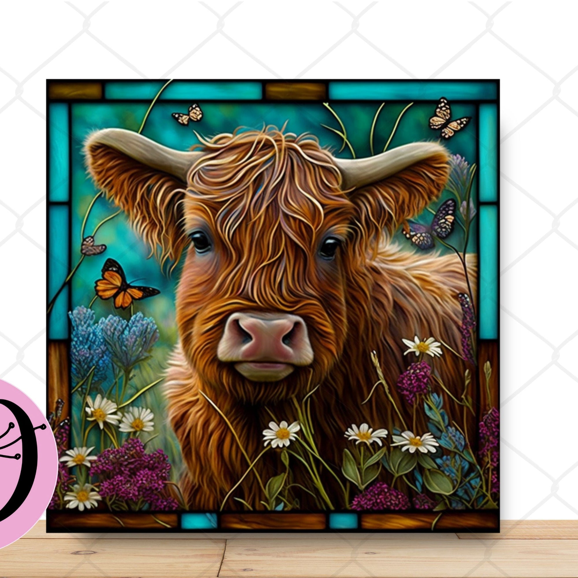 Highland Cow Wreath Sign, Stained Glass Highland Cow Square Metal Sign, Sign For Wreath, Highland Cow Decor