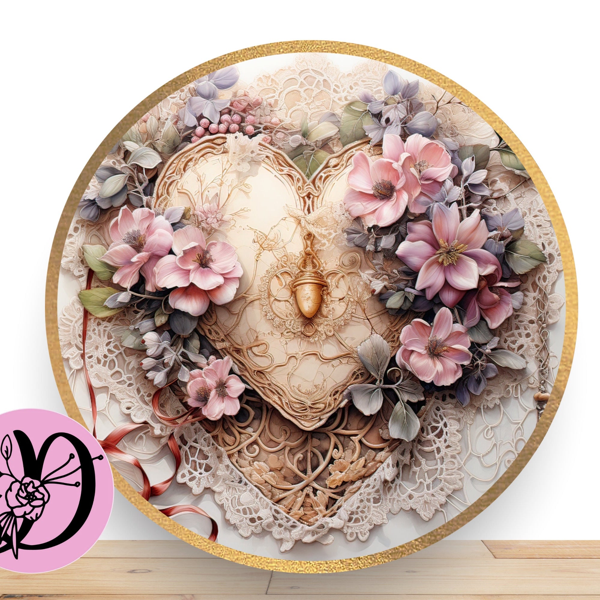 Valentine Vintage Rose And Lace Wreath Sign, Round Flat Aluminum Sign for Wreath,