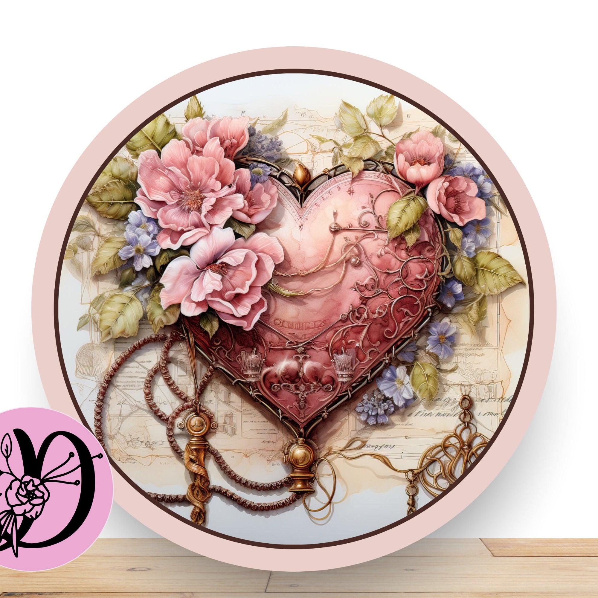Valentine Heart Wreath Sign With Pale Pink Florals And Brozen Scroll, Round Flat Aluminum Sign For Wreath