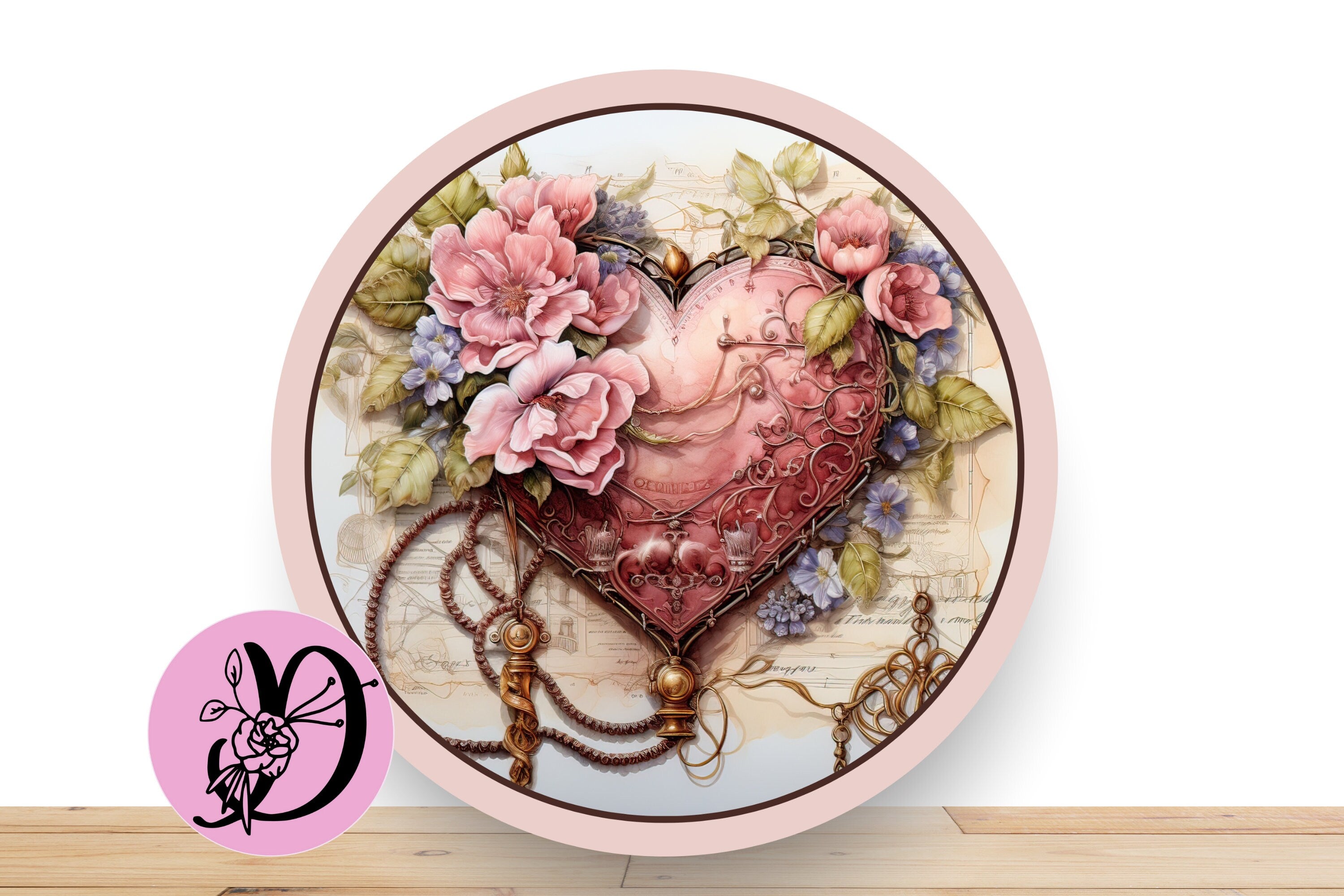Valentine Heart Wreath Sign With Pale Pink Florals And Brozen Scroll, Round Flat Aluminum Sign For Wreath