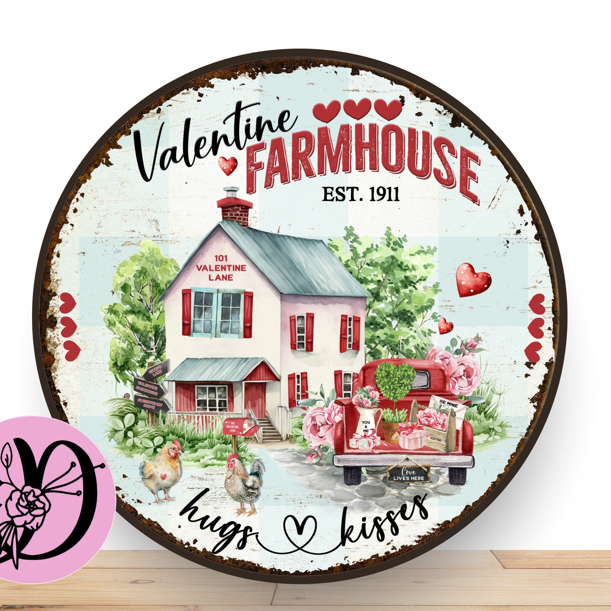 Huges and Kisses Vintage Wreath Sign