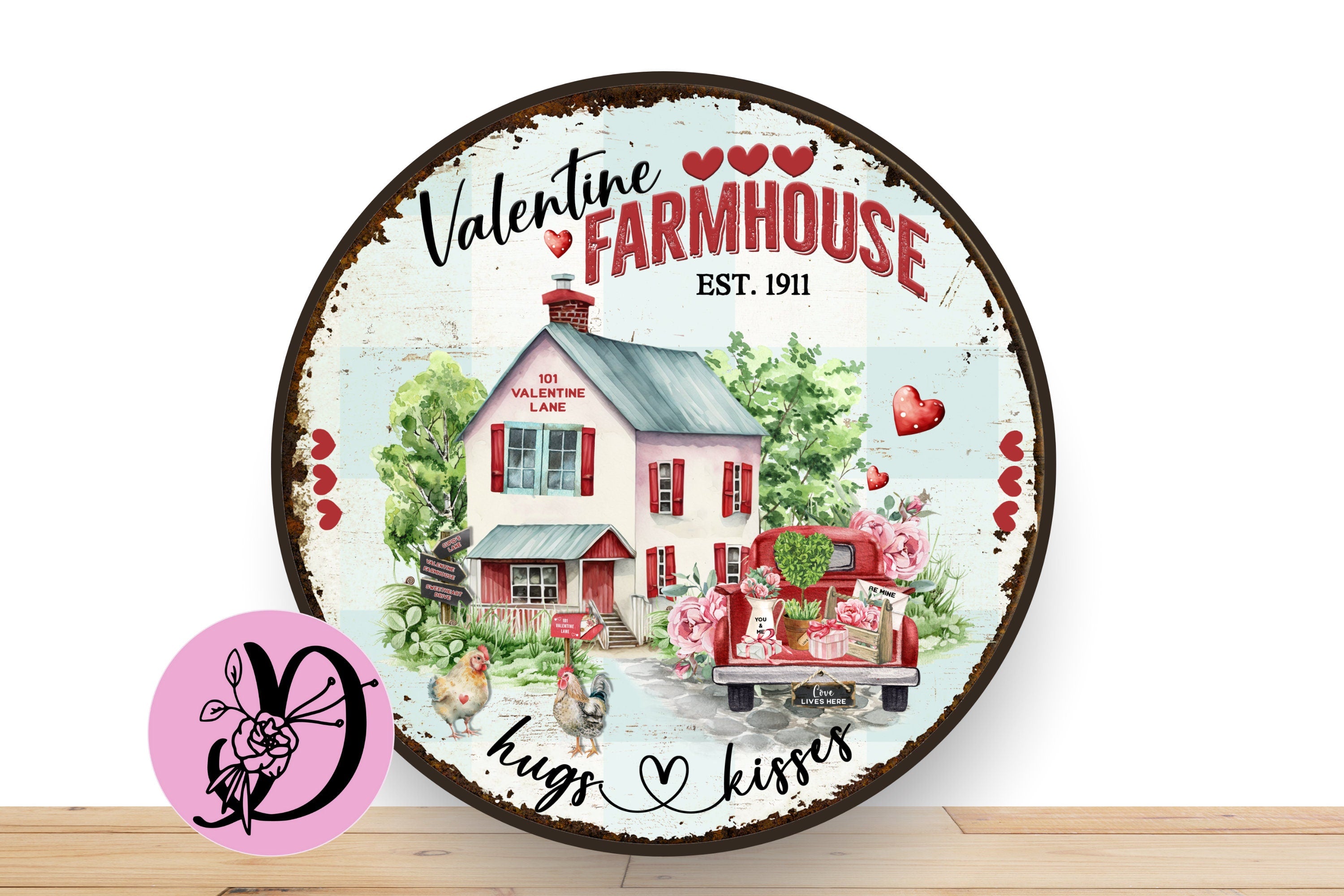 Huges and Kisses Vintage Wreath Sign