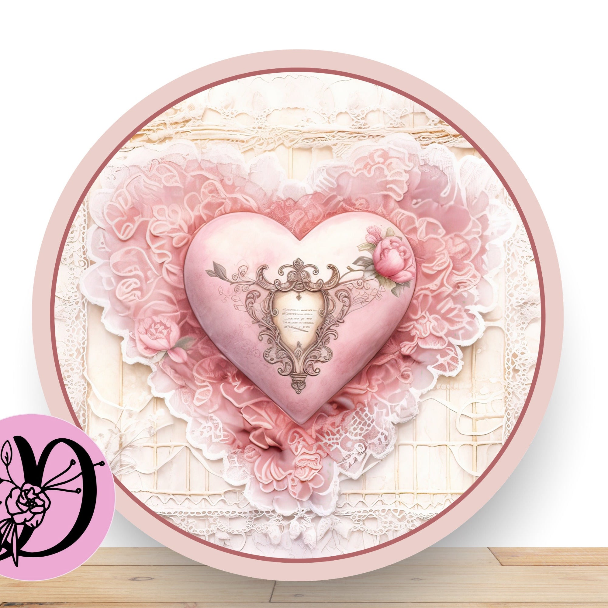 Valentine Pink and White Lace Heart, Wreath Sign, Round Flat Aluminum Sign For Wreath
