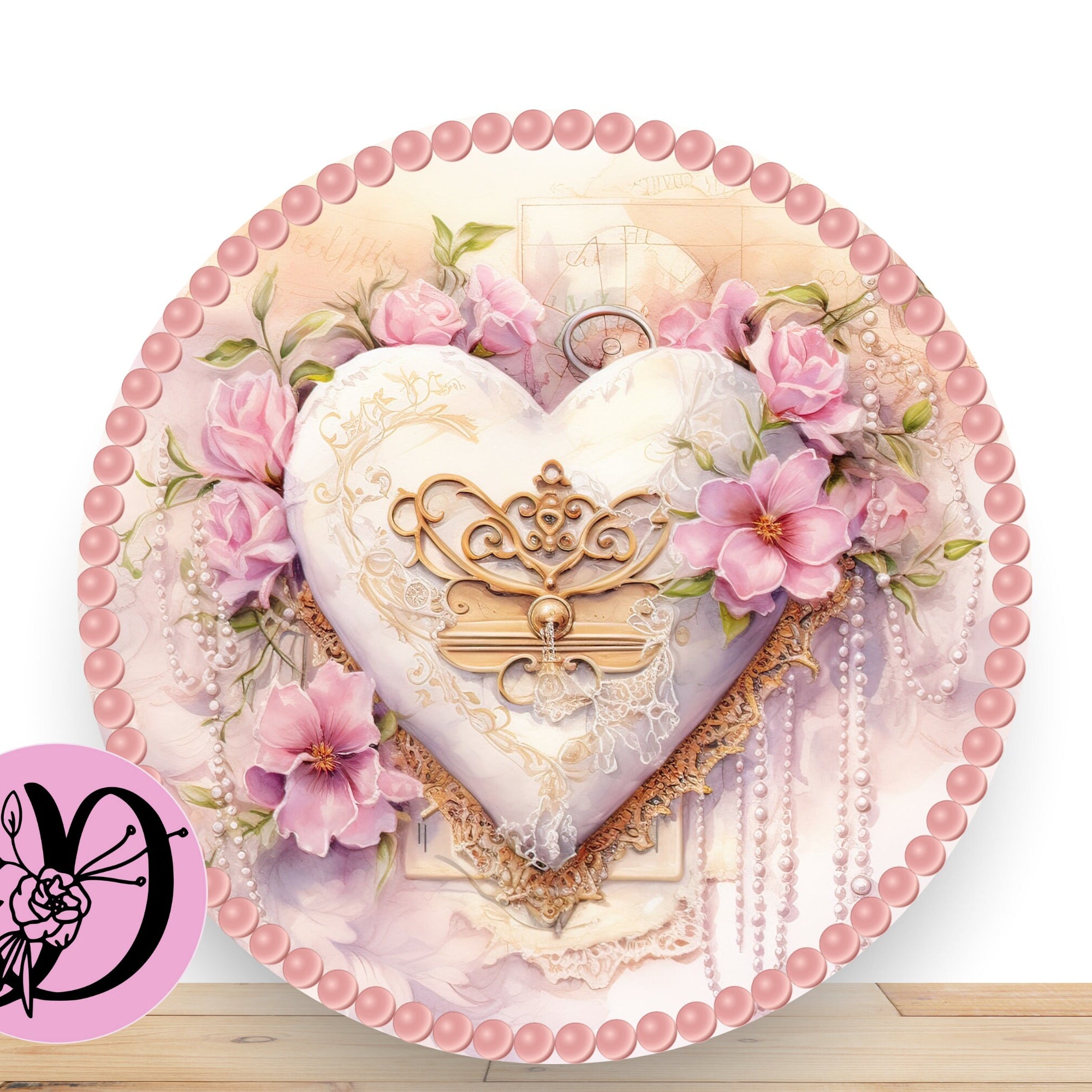 Valentine Pink Roses And Perals Wreath Sign, Round Flat Aluminum Sign For Wreath