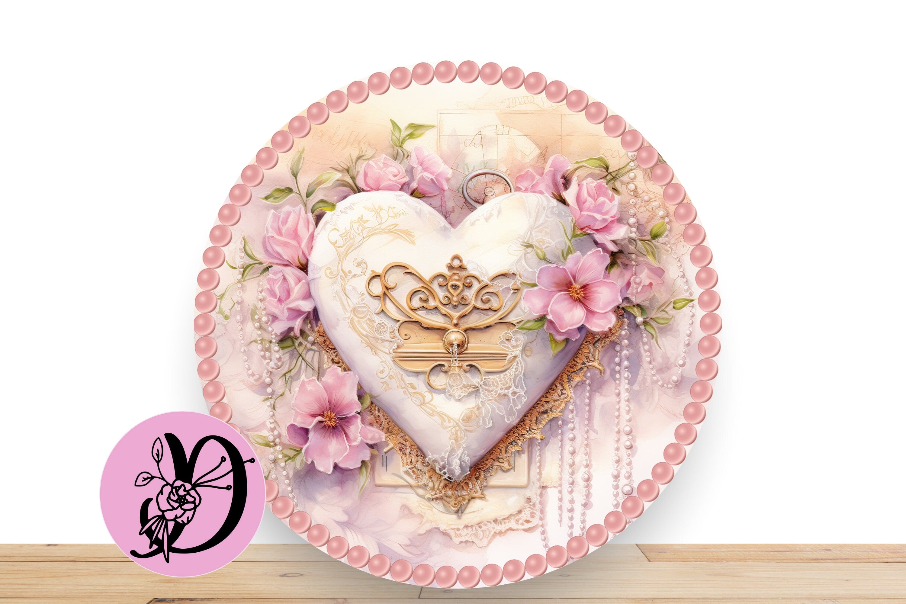 Valentine Pink Roses And Perals Wreath Sign, Round Flat Aluminum Sign For Wreath