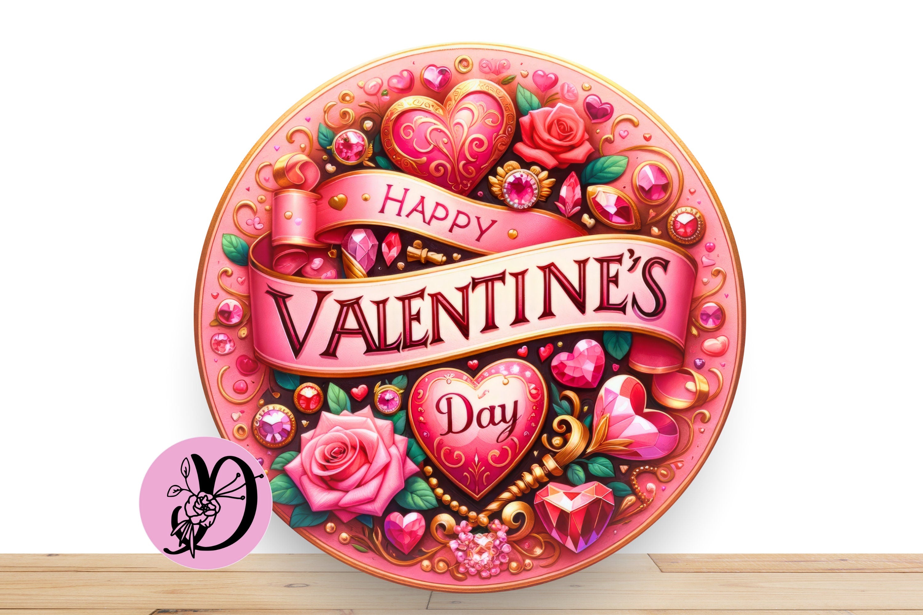Valentine Pink Rose and Heart Wreath Sign, Happy Valentine's Day, Round Flat Aluminum Sign For Wreath
