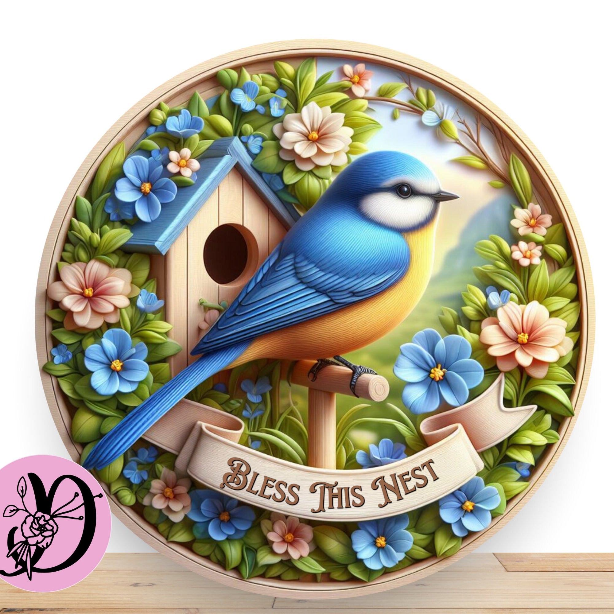 Blue Bird With Bird House Wreath Sign, God Bless This NestFlat Round Aluminum Sign For Wreath, Desert Wreath Signs