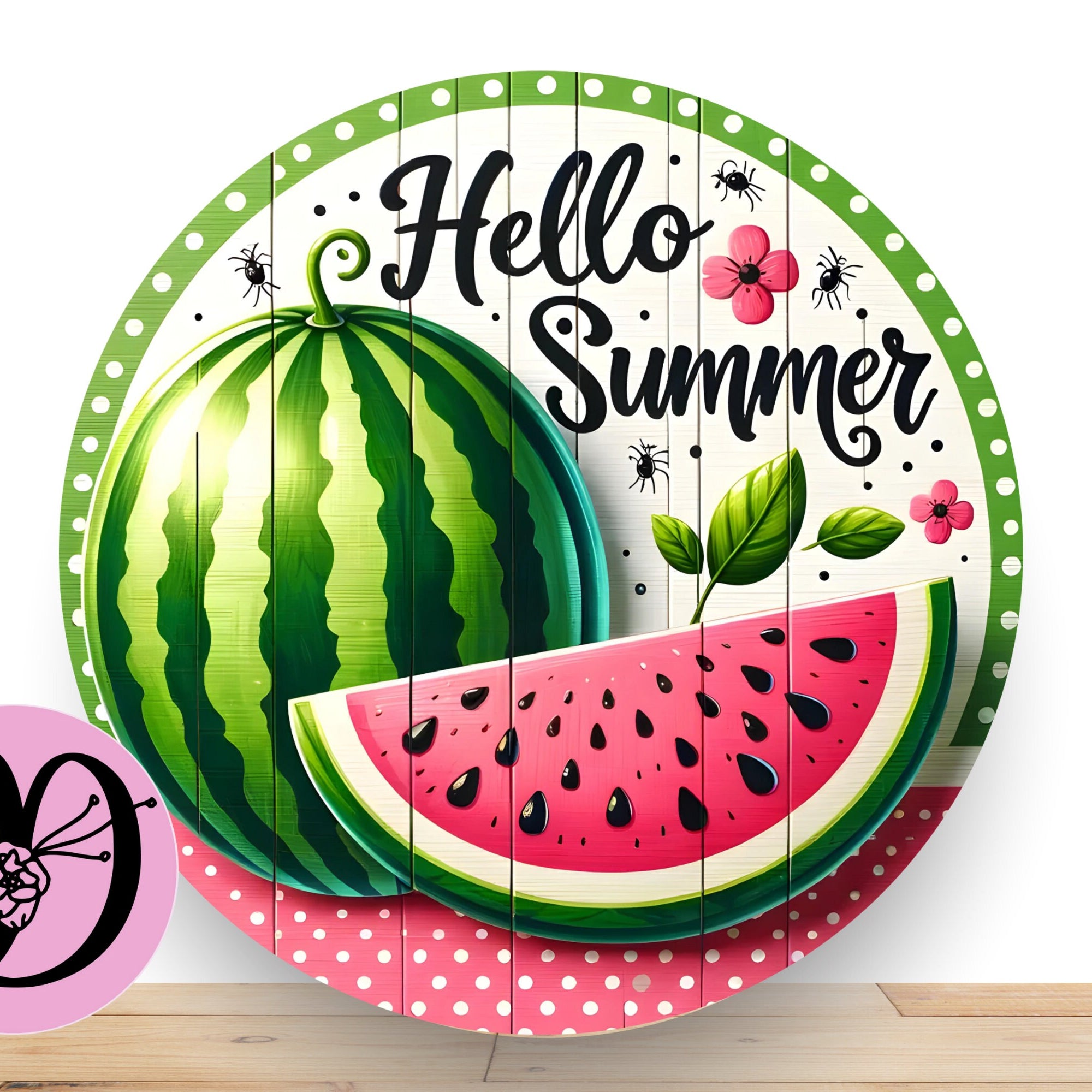 Watermelon Wreath Sign, Hello Summer Round Flat Aluminum sign for wreath, Pink Watermelon Sign