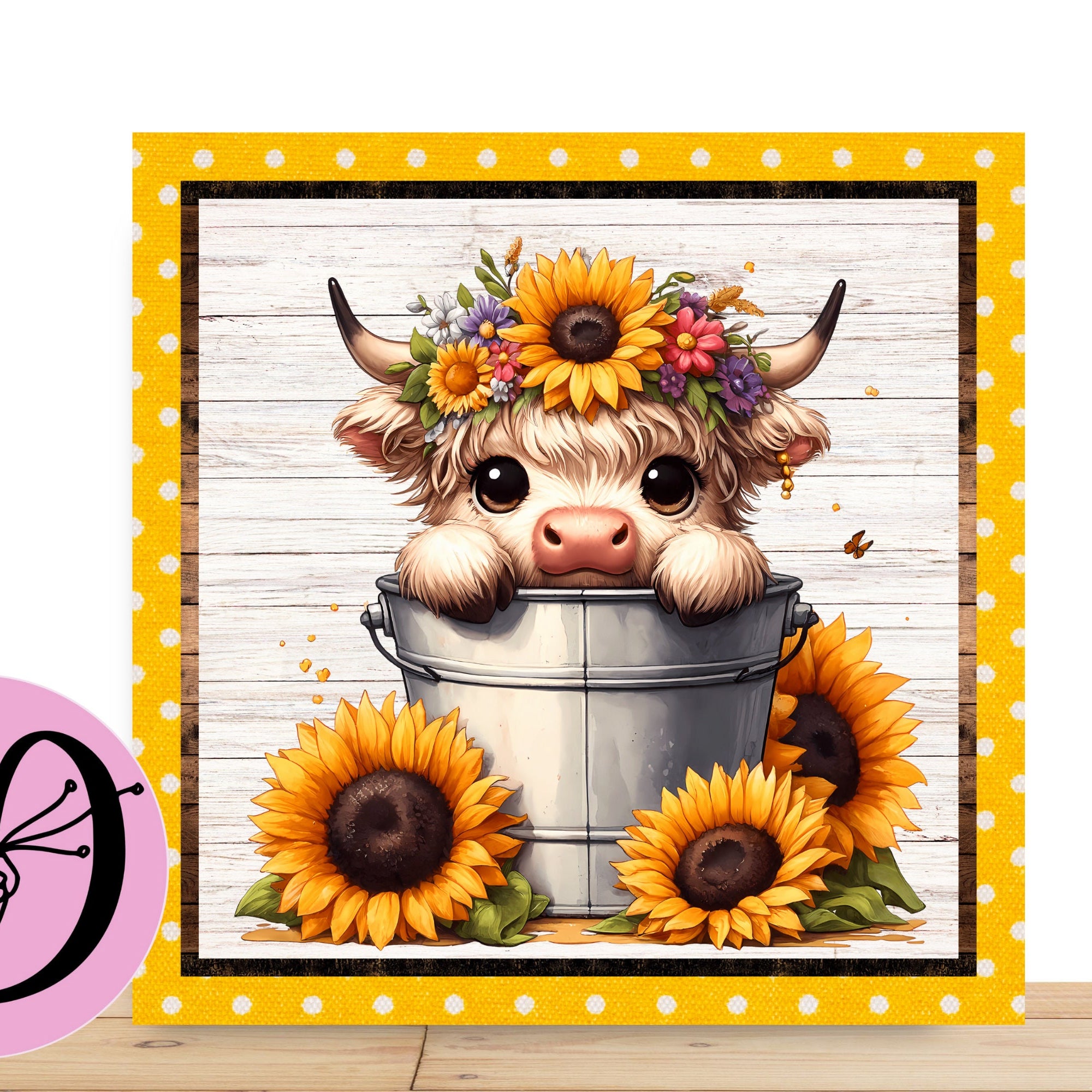 Highland Cow Sunflower Wreath Sign, Highland Cow Sitting In a Bucket Square Flat Aluminum Sign for Wreath