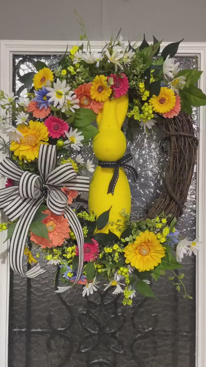 Spring Grapevine Wreath, Easter Décor, Yellow Floral Flocked Bunny Grapevine, Spring Décor, Mantel Decorations