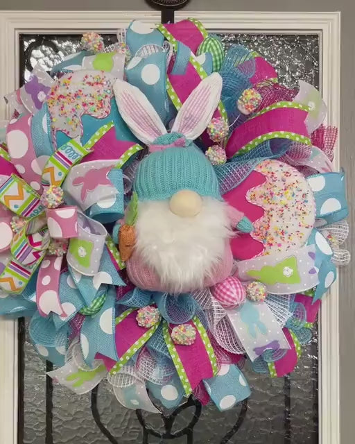 Easter Gnome Bunny Wreath, Whimsical Turquoise and Pink Gnome with Lollipops, Marshmallows, and Easter Eggs