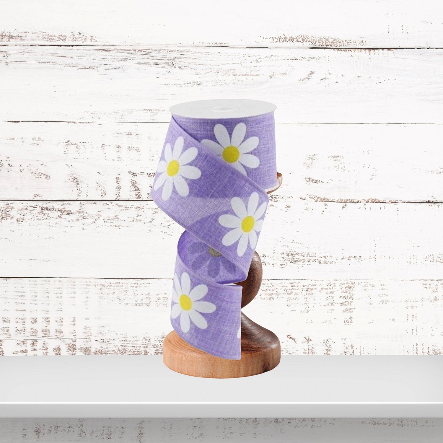 Bold Daisy Pattern Lavender Yellow White Wired Ribbon