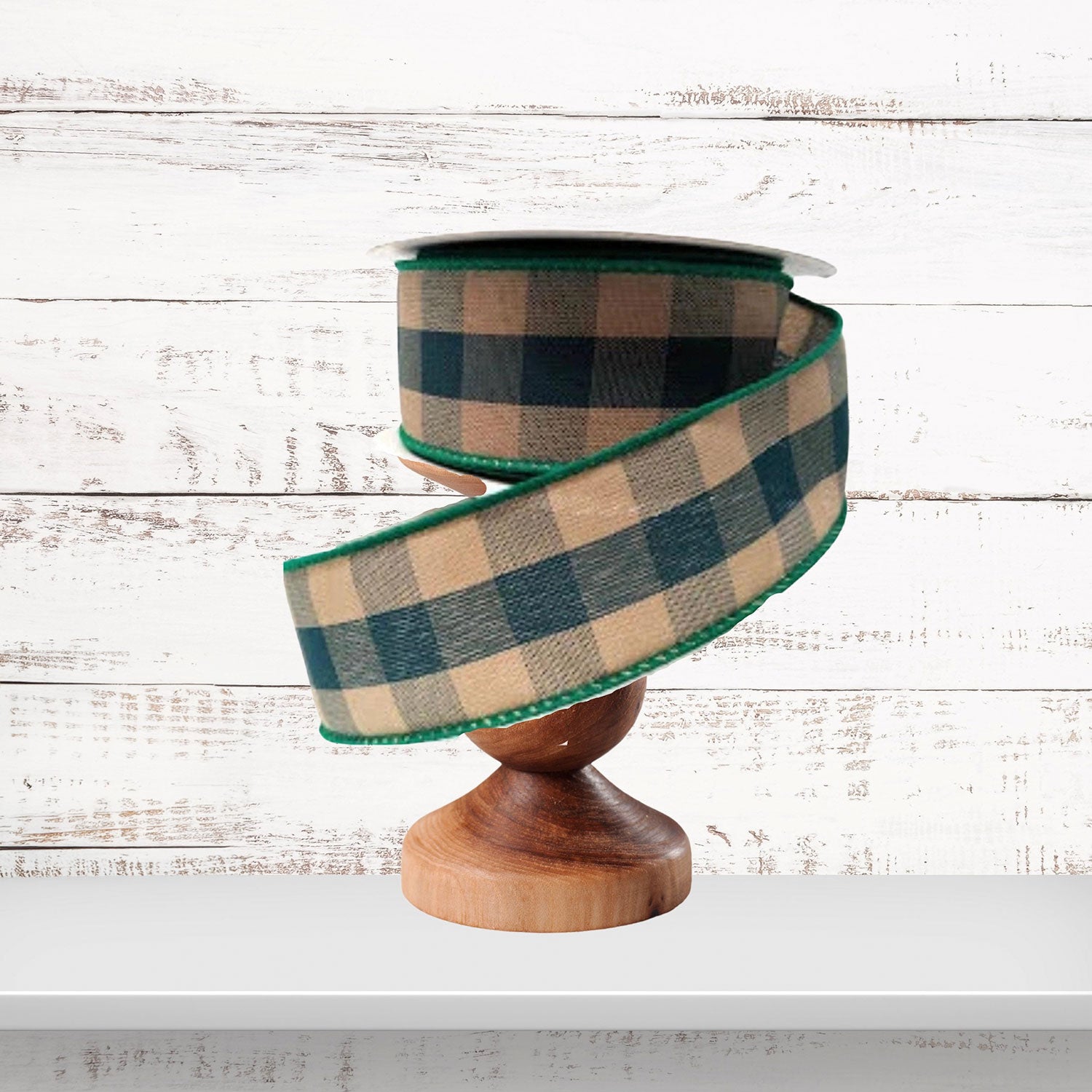 Check Pattern Green Natural Wired Ribbon