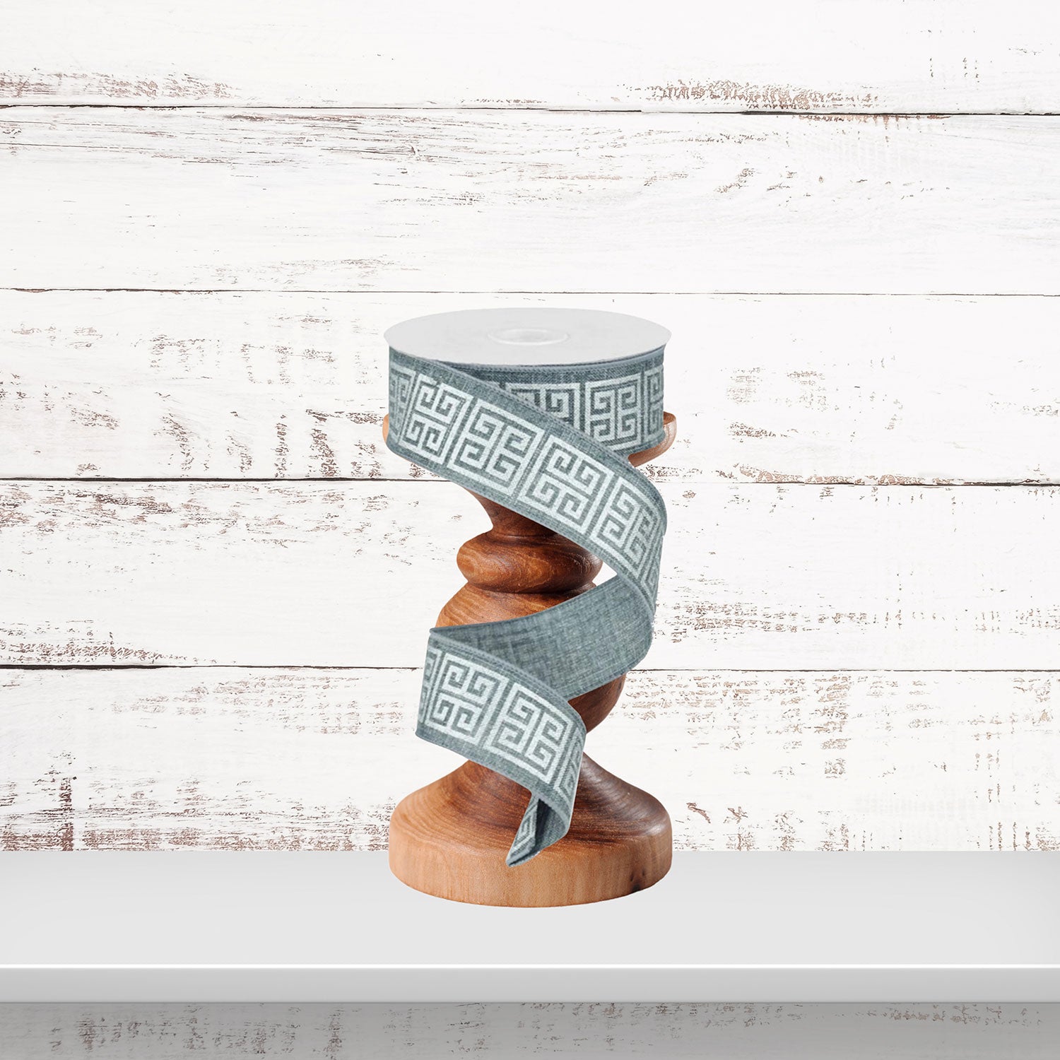 Greek Key Grey White Wired Ribbon