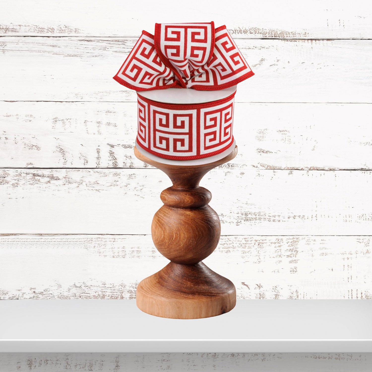 Greek Key Pattern Red and White Wired Ribbon