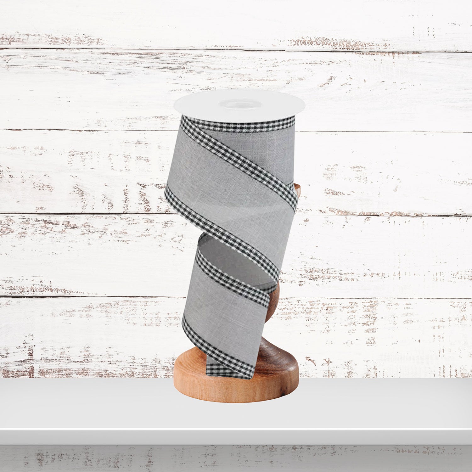 Grey Black White Gingham Trim Wired Ribbon