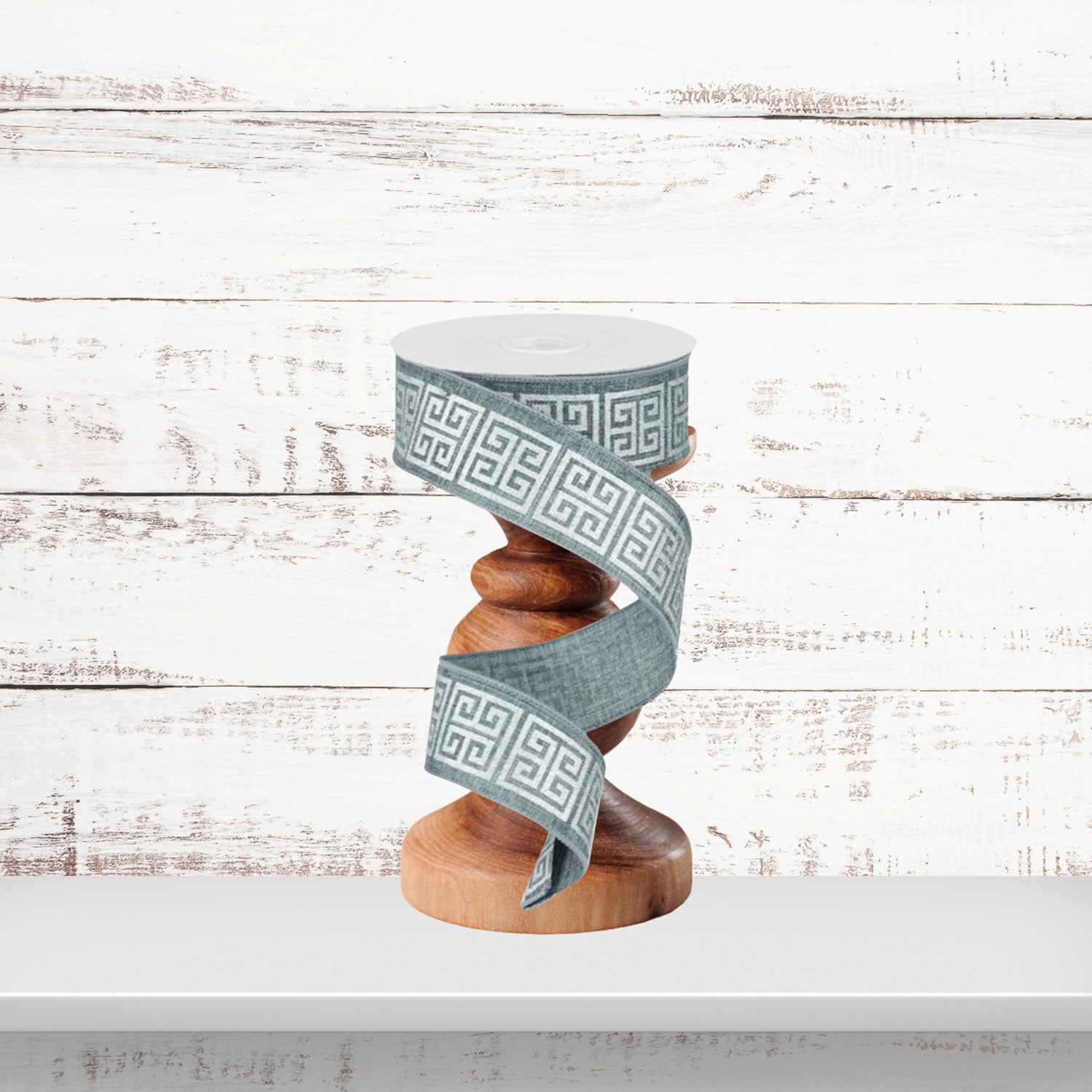 Grey White Greek Key Wired Ribbon