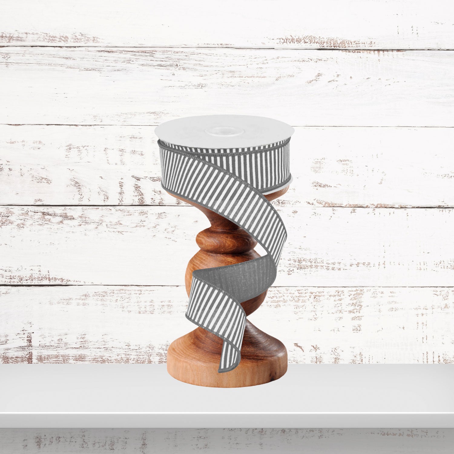 Grey White Horizontal Stripe Wired Ribbon
