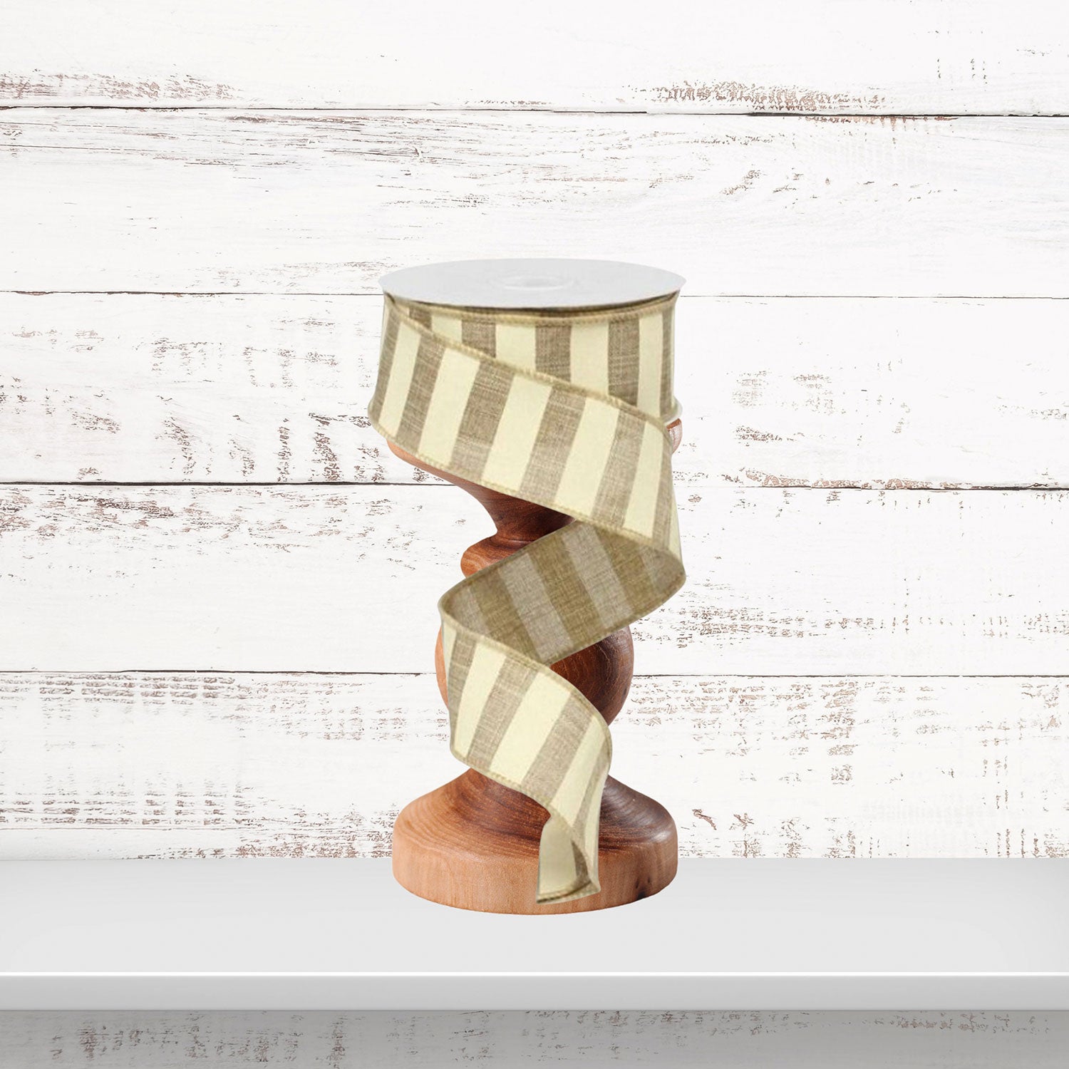 Horizontal Stripe Pattern Tan Cream Wired  Ribbon