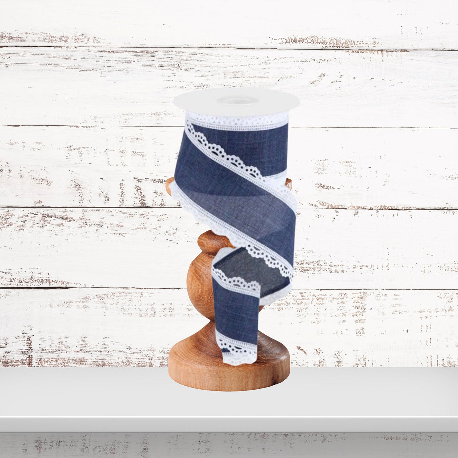 Navy White Scalloped Edge Wired Ribbon