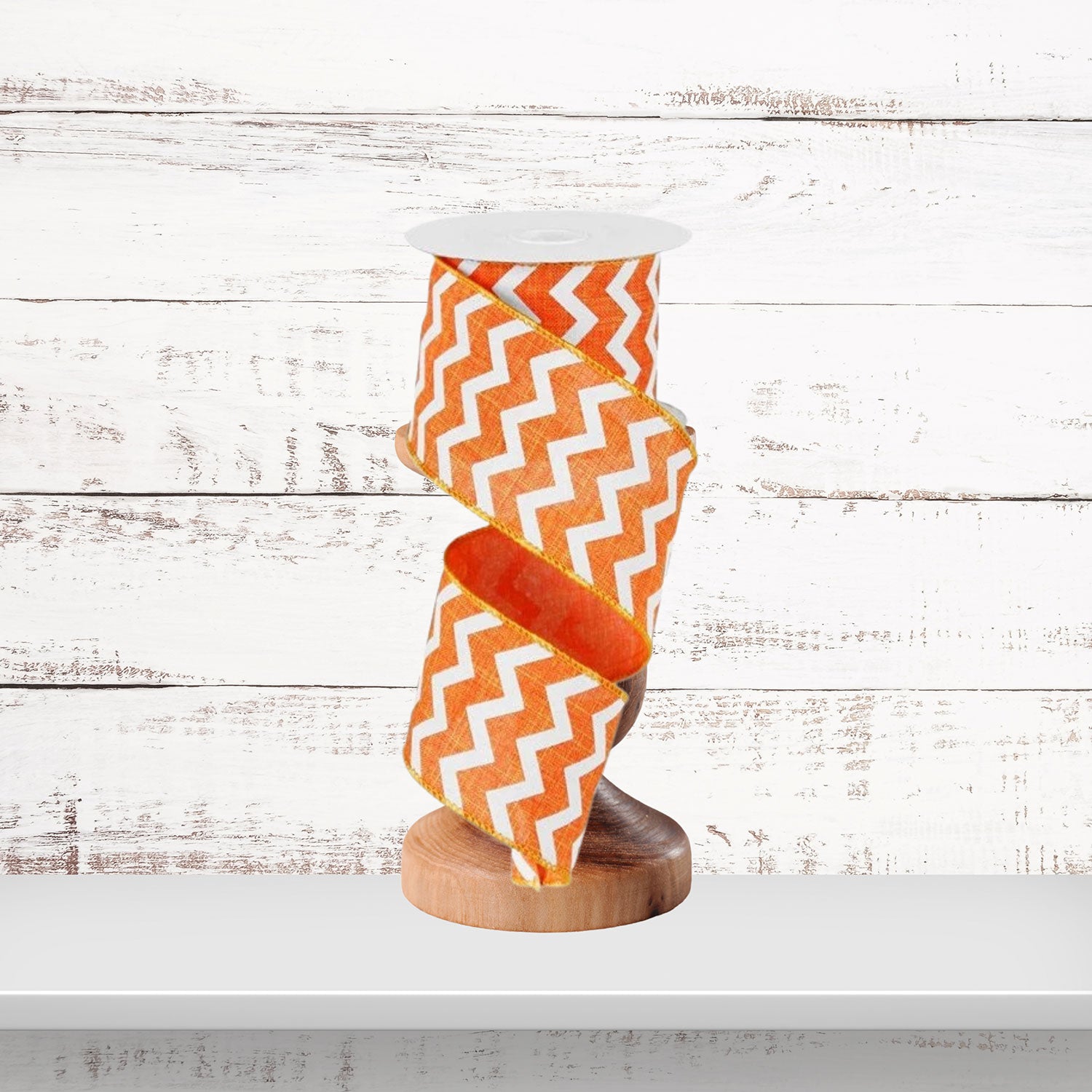 Orange White Chevron Pattern Wired Ribbon