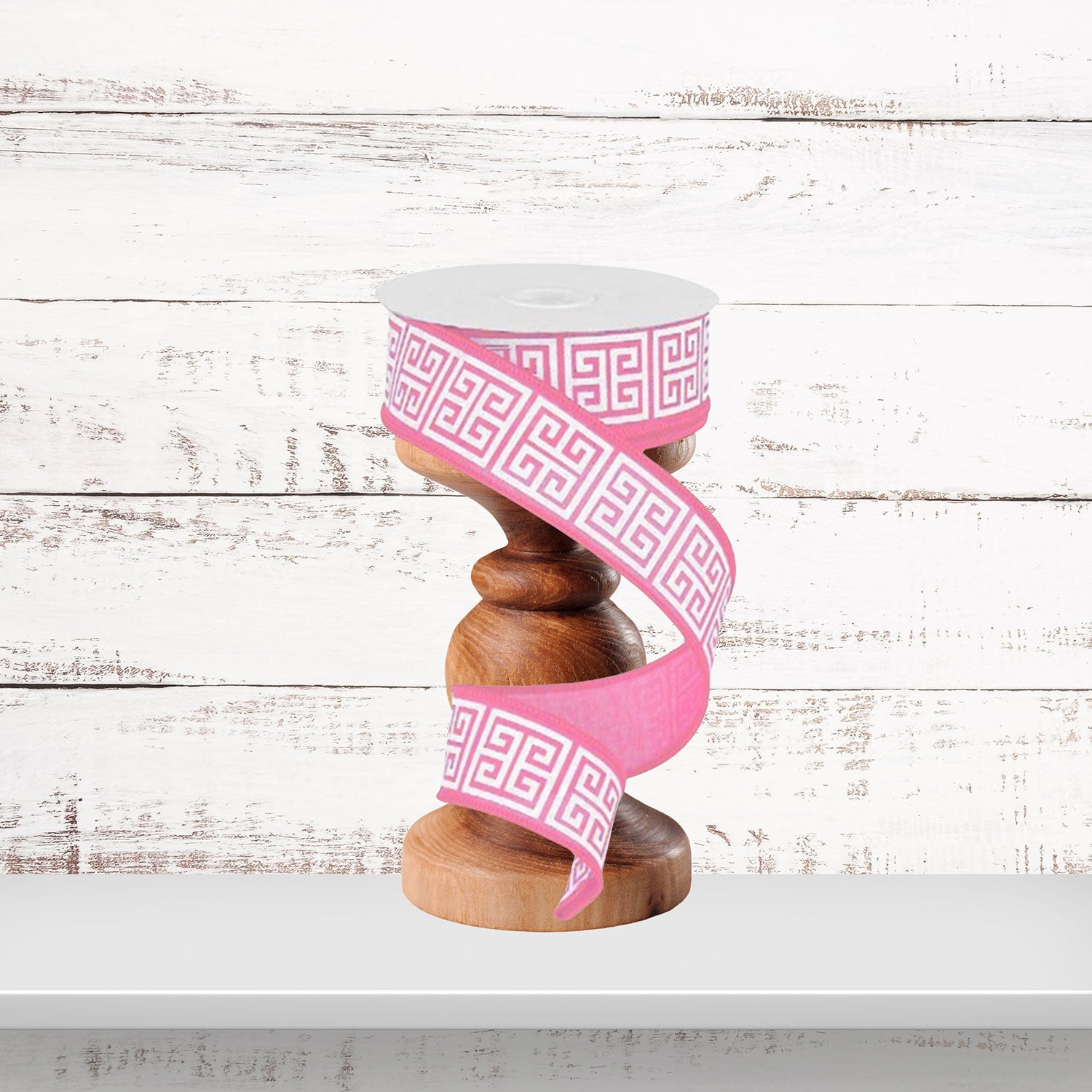 Pink White Greek Key Wired Ribbon