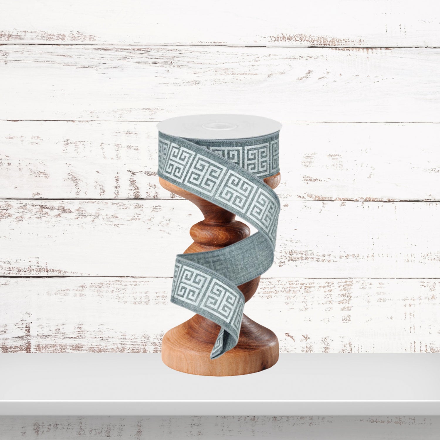 Silver White Greek Key Wired Ribbon