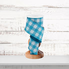 Turquoise White Check Pattern Wired Ribbon