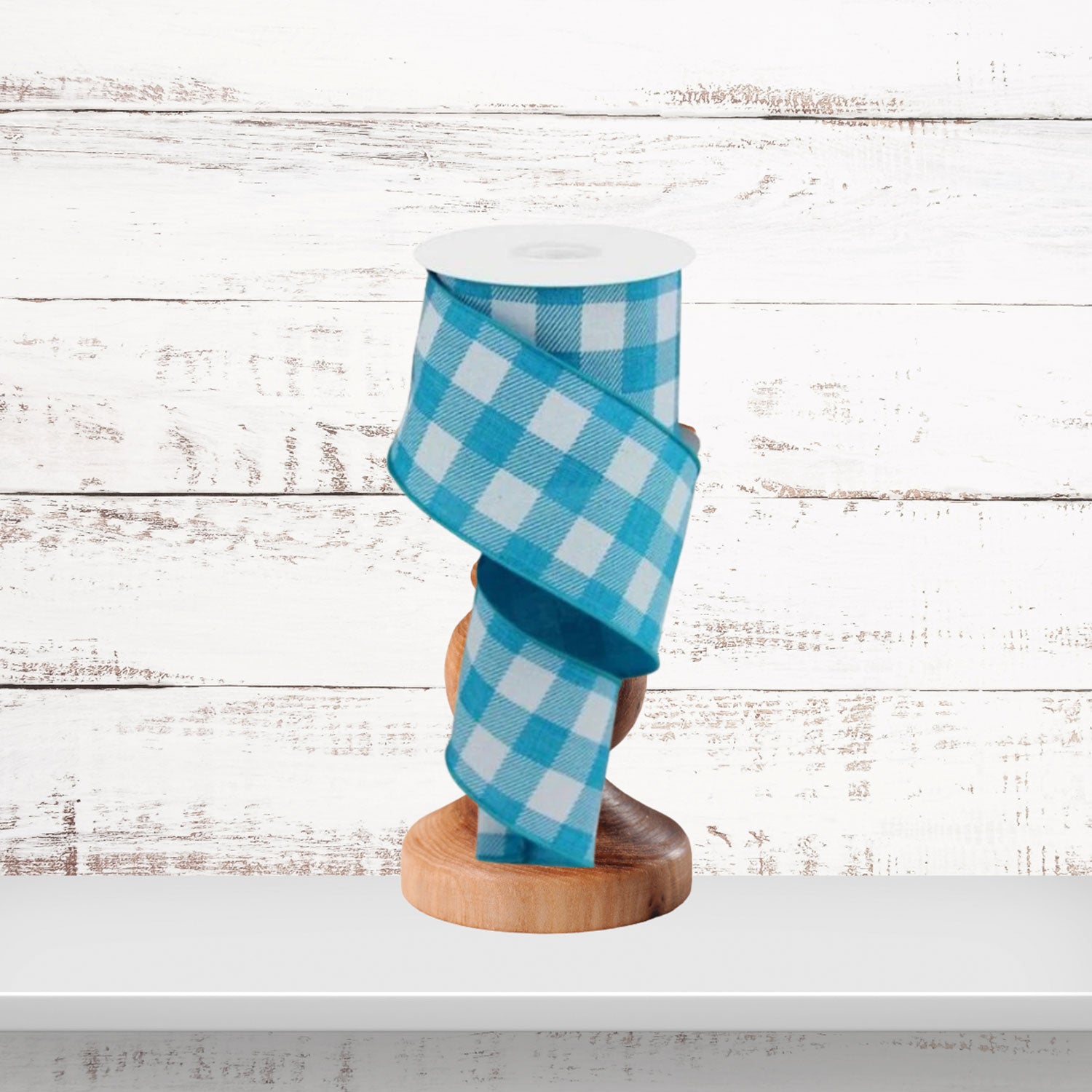 Turquoise White Check Pattern Wired Ribbon