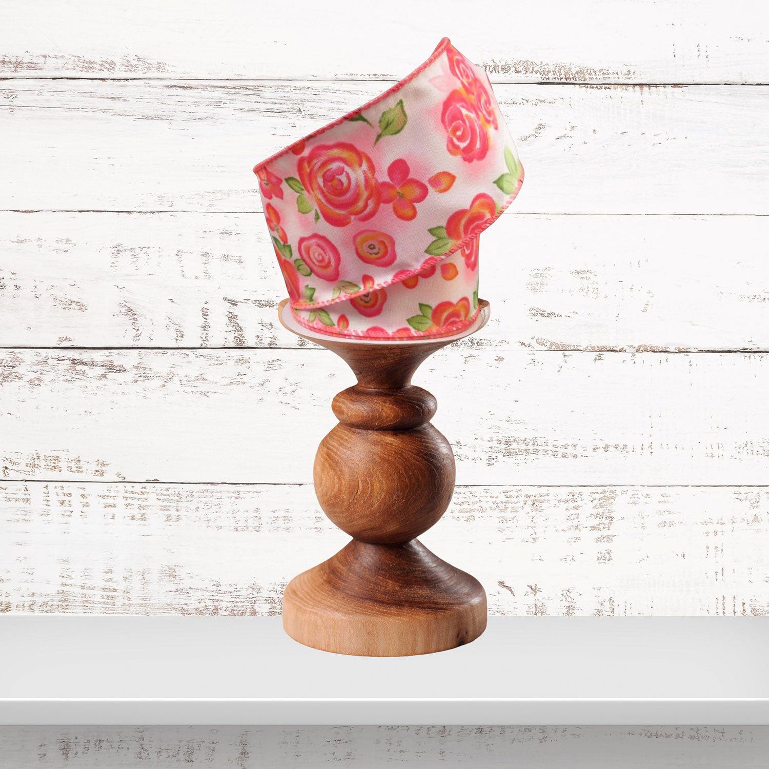 Watercolor Roses Pink White Pattern Wired Ribbon