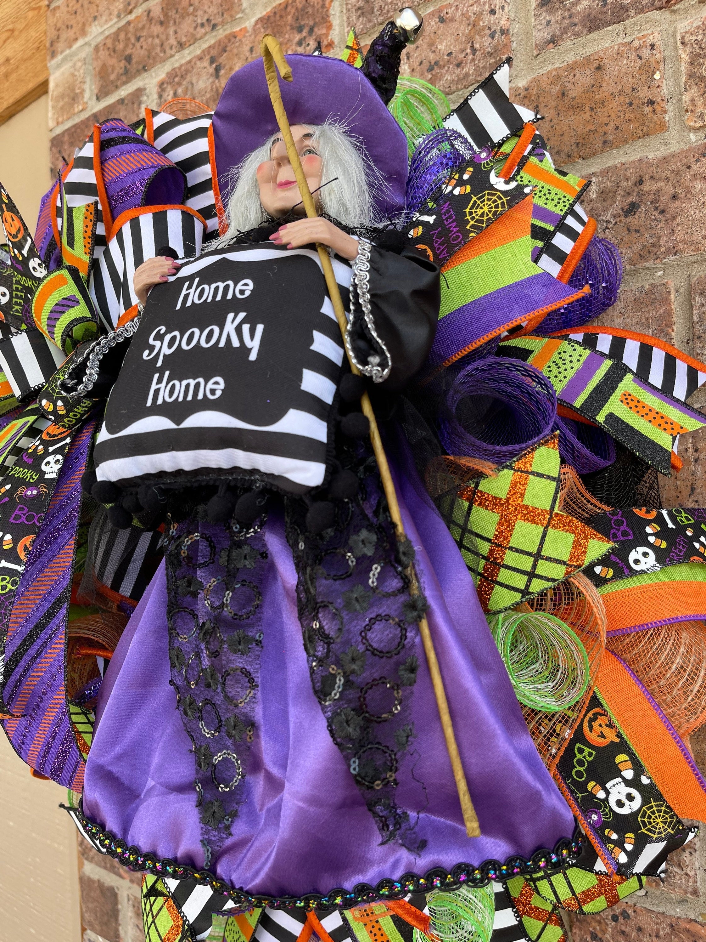 Halloween Witch Wreath Dressed in Purple for front door, Wreath With Purple Witch for Porch Decorations