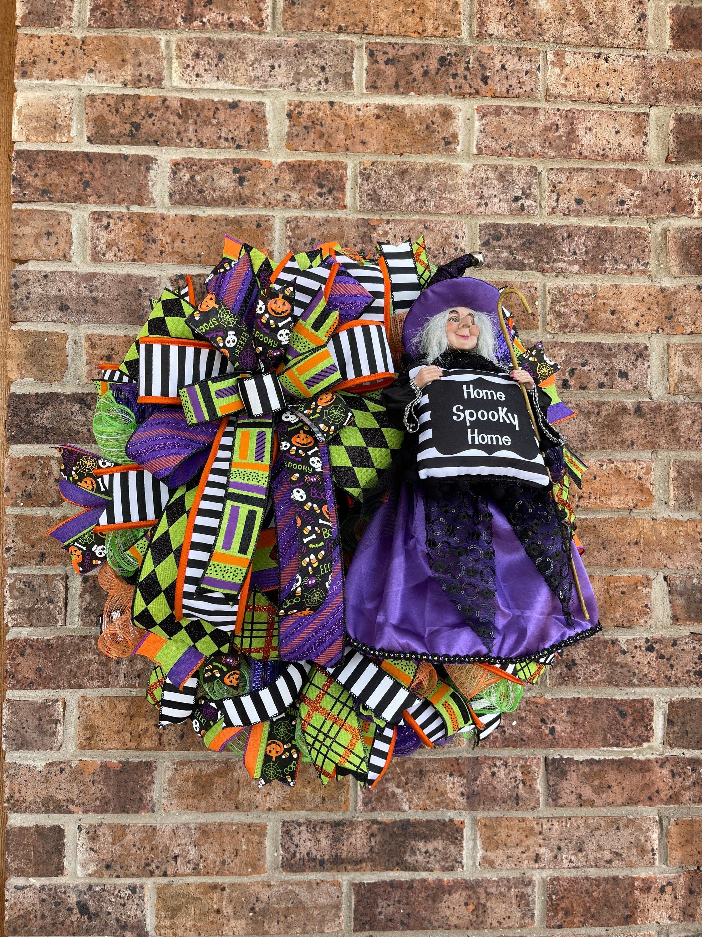 Halloween Witch Wreath Dressed in Purple for front door, Wreath With Purple Witch for Porch Decorations