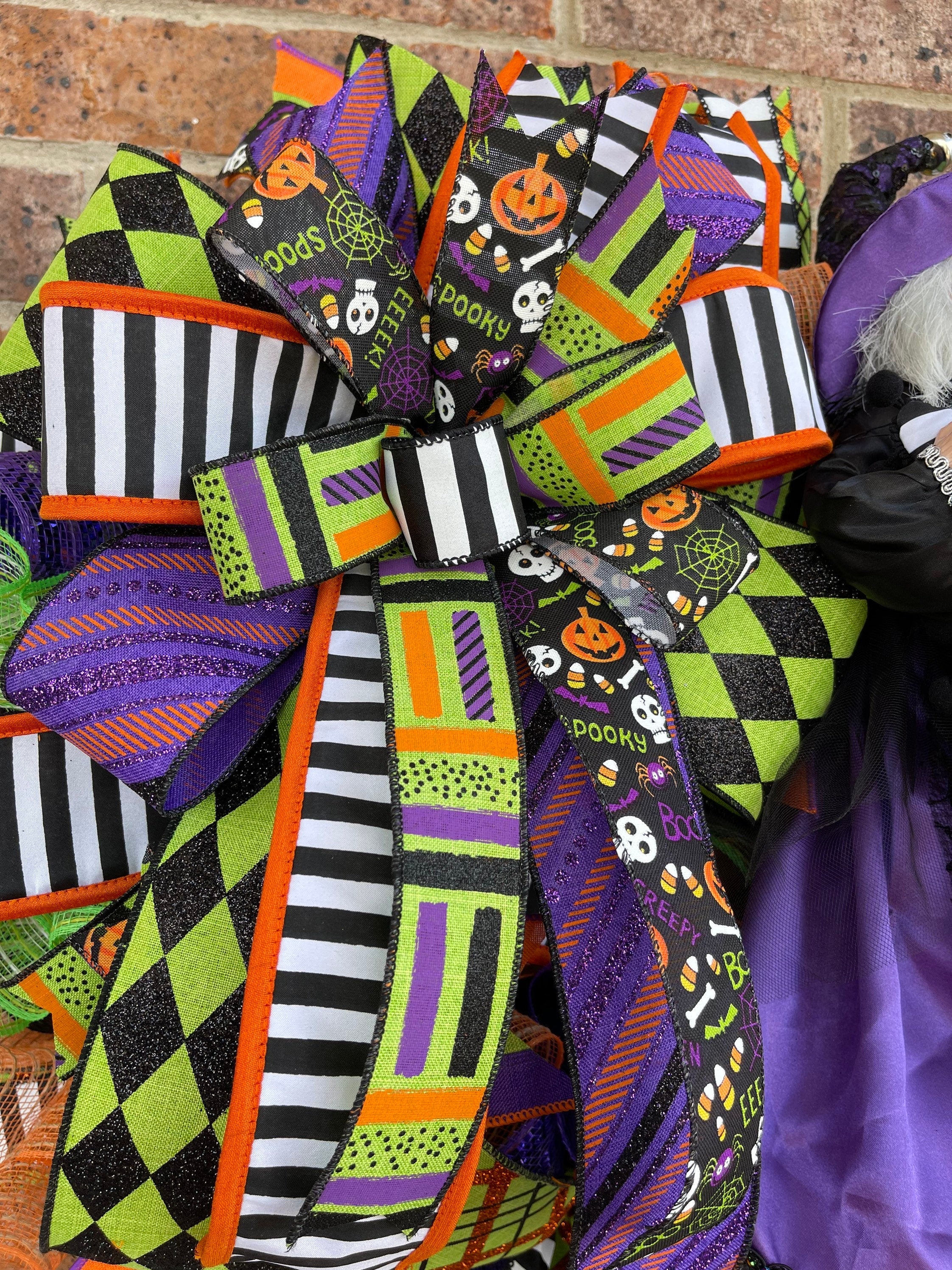 Halloween Witch Wreath Dressed in Purple for front door, Wreath With Purple Witch for Porch Decorations