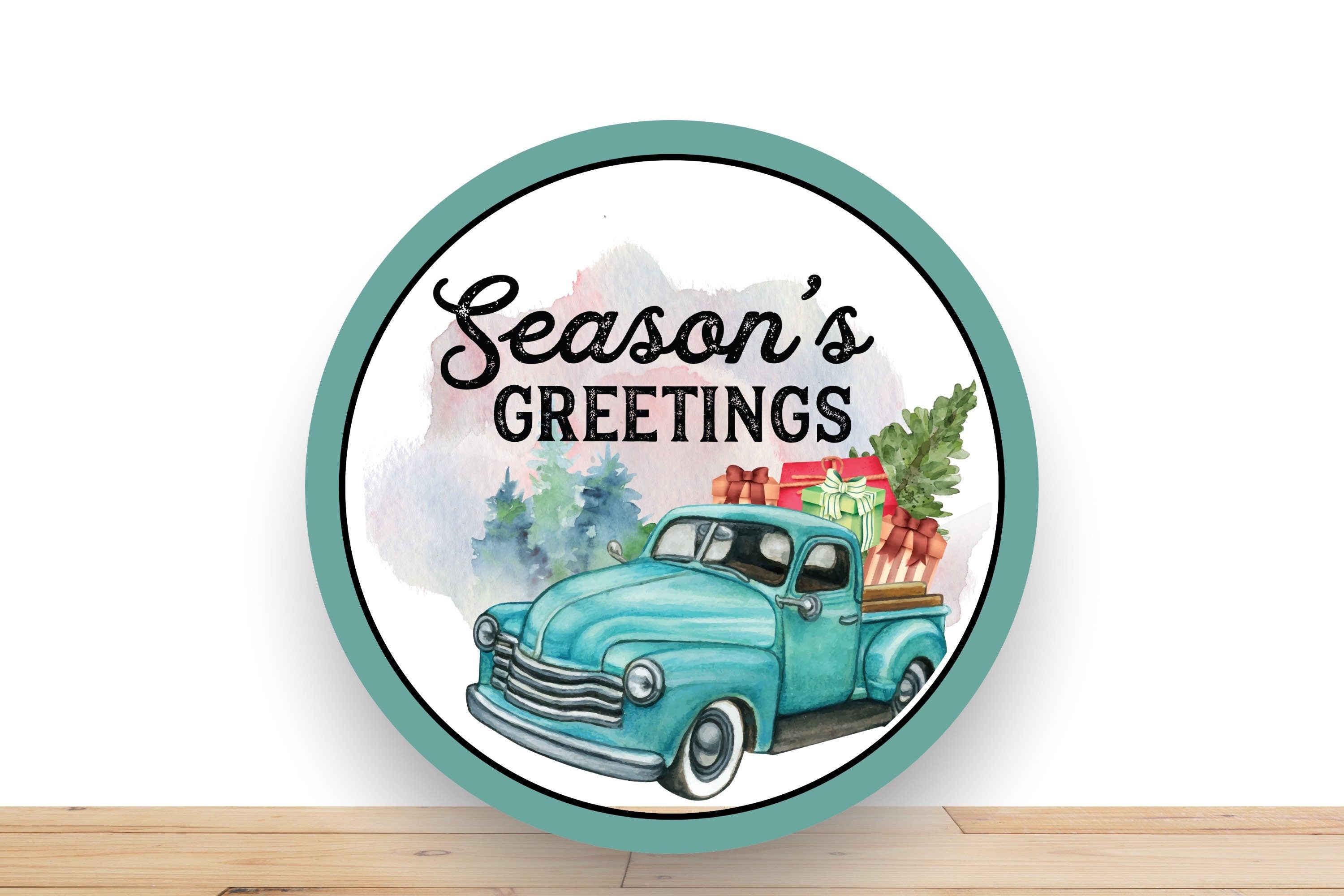 Seasons Greetings Wreath Sign, Turquoise Truck Sign, Christmas Wreath Sign, Round Metal Wreath Sign, Sign For Wreath, Desert Wreath Signs
