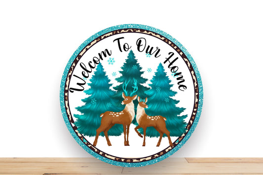 Christmas Welcome To Our Home Turquoise Cheetah Deer Wreath Sign, Wreath Sign, Round Metal Sign, Sign For Wreath Desert Wreath Signs