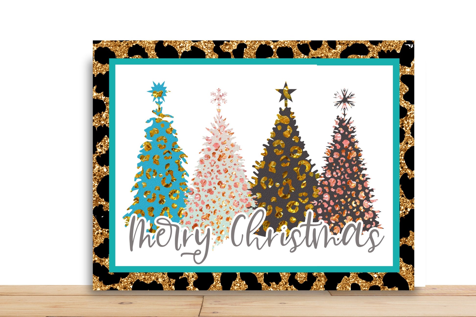 Merry Christmas Trees Christmas Wreath Sign, Glittered Cheetah Christmas Trees, Rectangle Metal Sign, Desert Wreath Signs