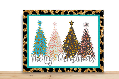 Merry Christmas Trees Christmas Wreath Sign, Glittered Cheetah Christmas Trees, Rectangle Metal Sign, Desert Wreath Signs