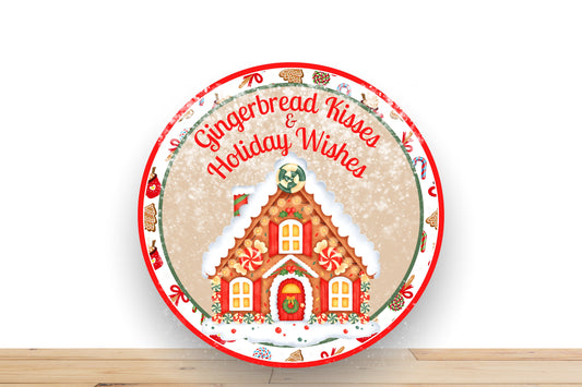 Christmas Sign, Gingerbread Kisses and Holiday Wishes Round Metal Sign, Sign For Wreath, Desert Wreath Signs