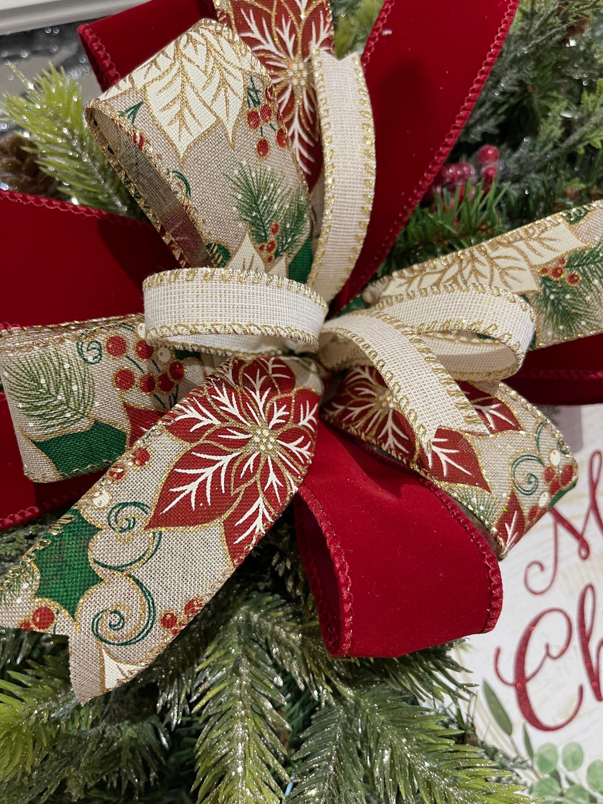 Christmas Wreath for your door, Traditional evergreen holiday decorations, Poinsettia red and white Christmas decor