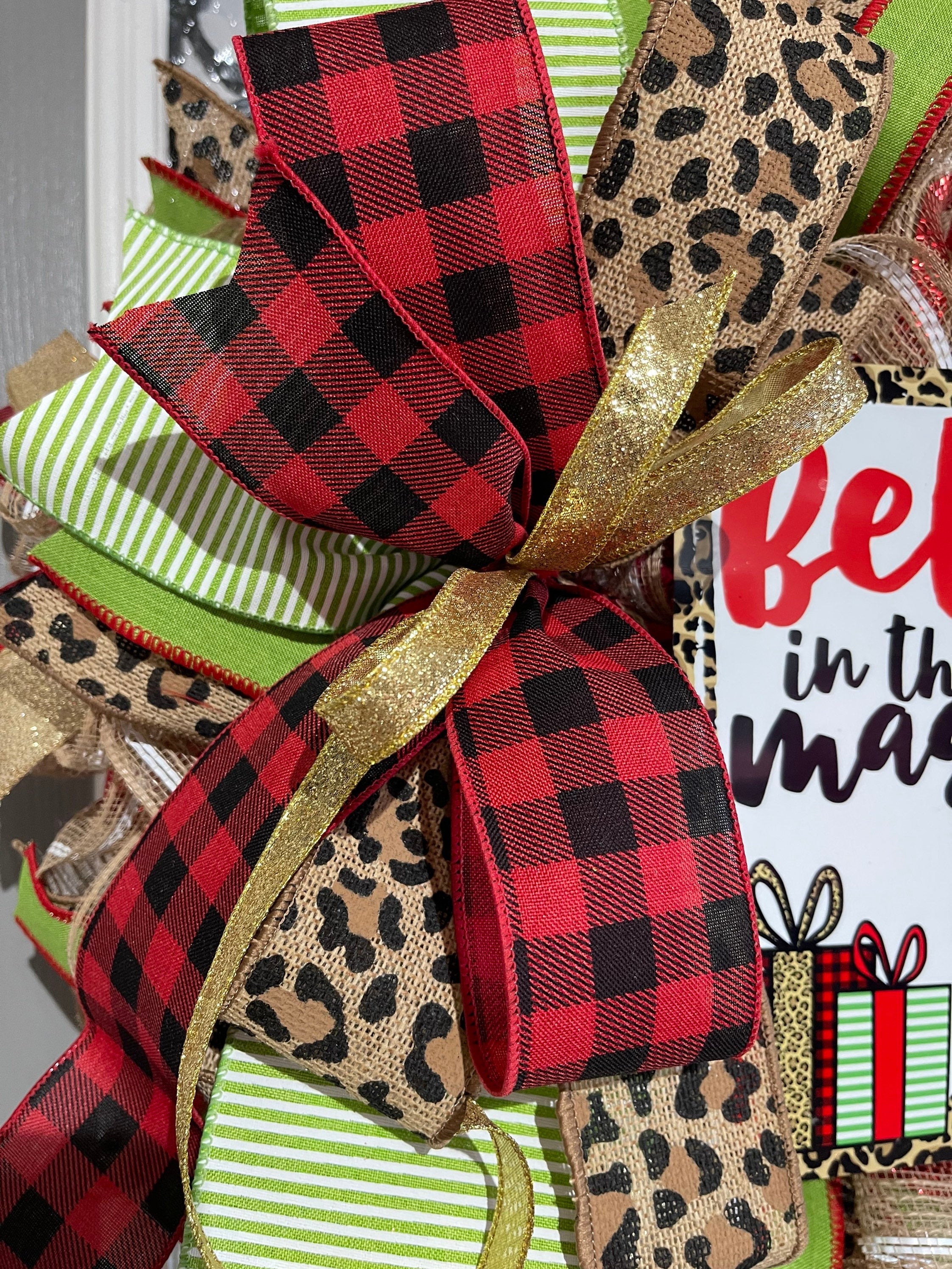 Christmas Wreath for your door, Snowman Believe In The Magic Christmas decor, Cheetah and Buffalo plaid holiday decorations
