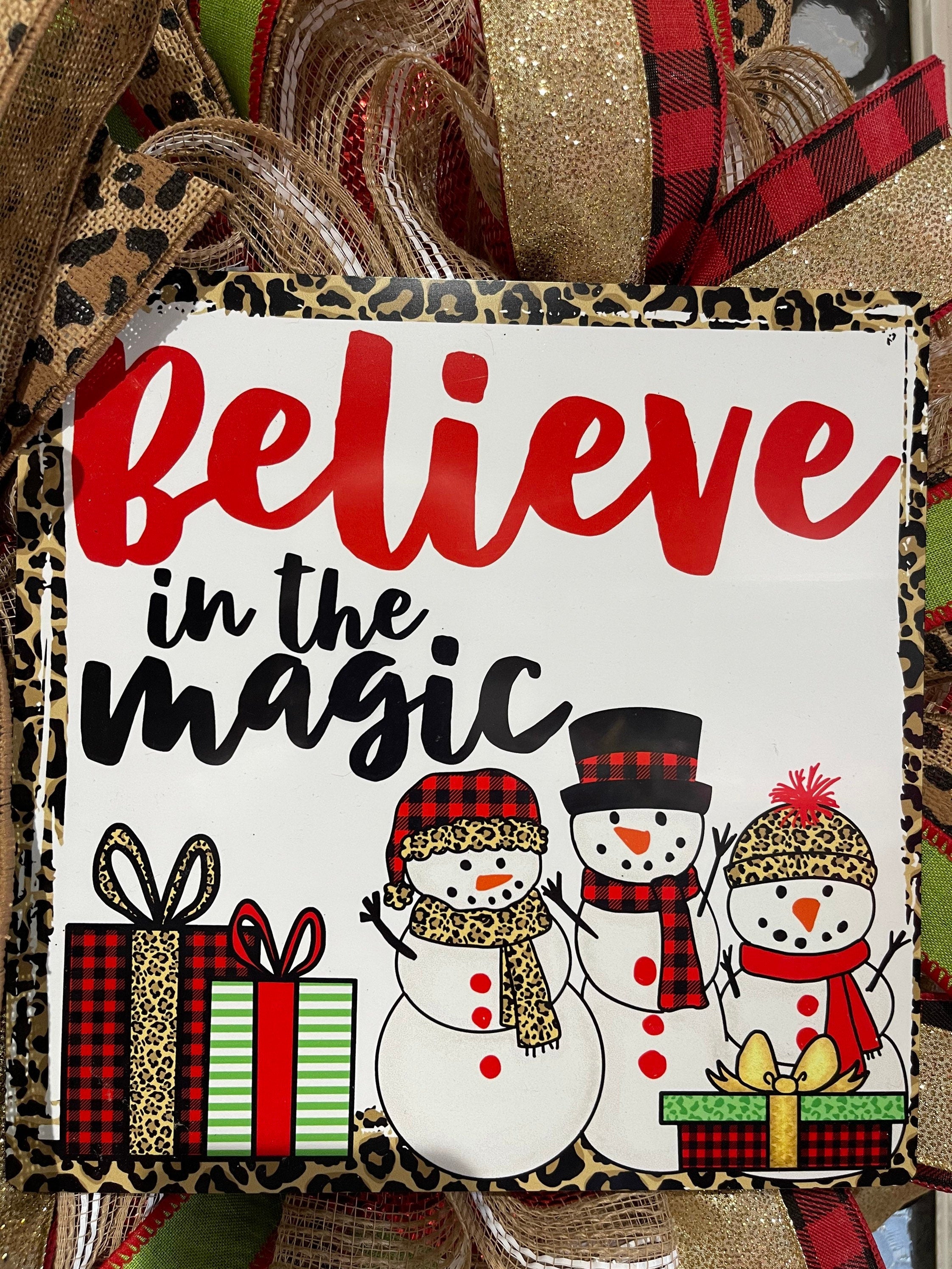 Christmas Wreath for your door, Snowman Believe In The Magic Christmas decor, Cheetah and Buffalo plaid holiday decorations